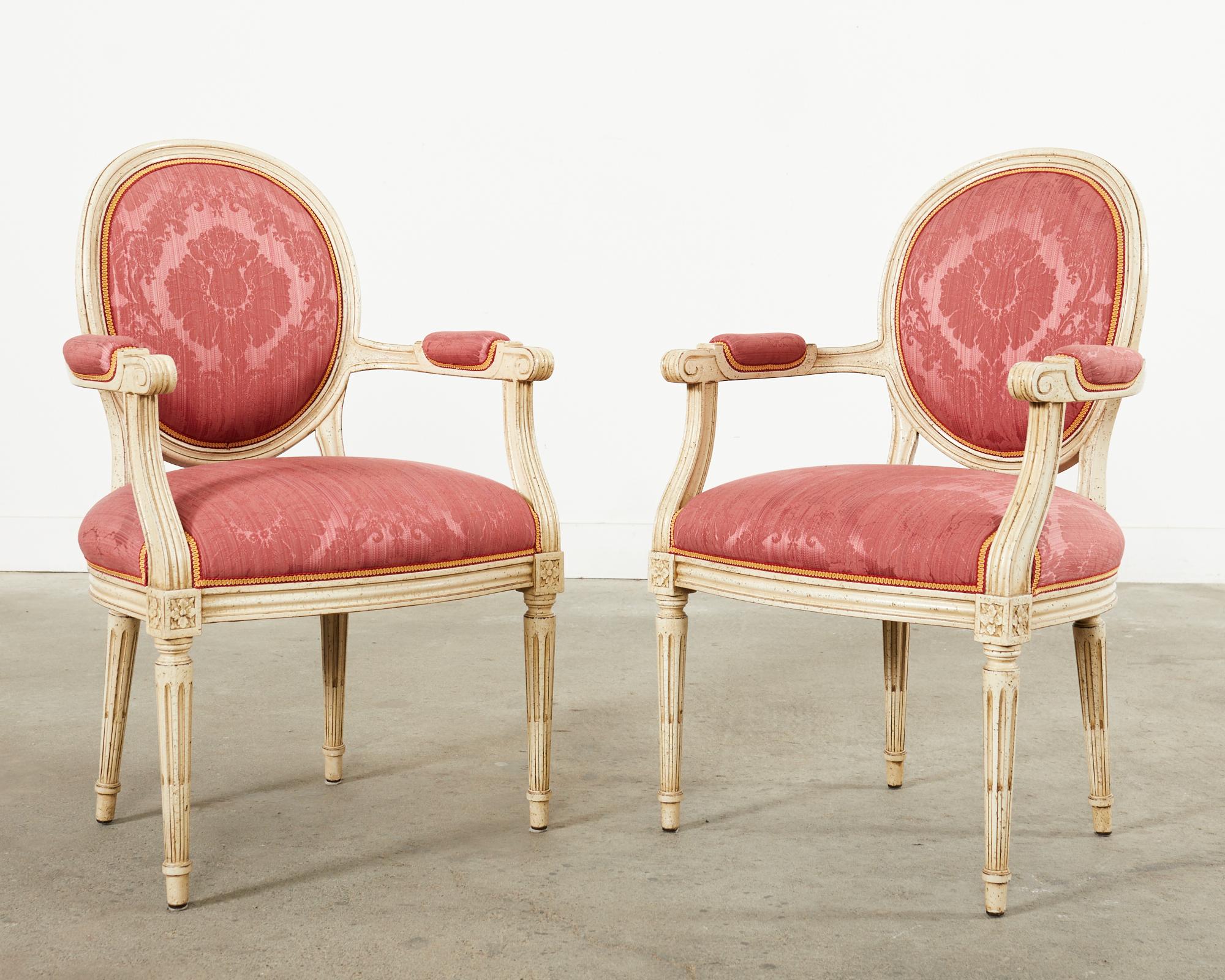 Fabric Set of Eight Louis XVI Style Lacquer Painted Dining Chairs  For Sale