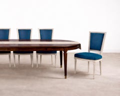 Set of Eight Louis XVI Style Painted Dining Chairs in Blue Velvet