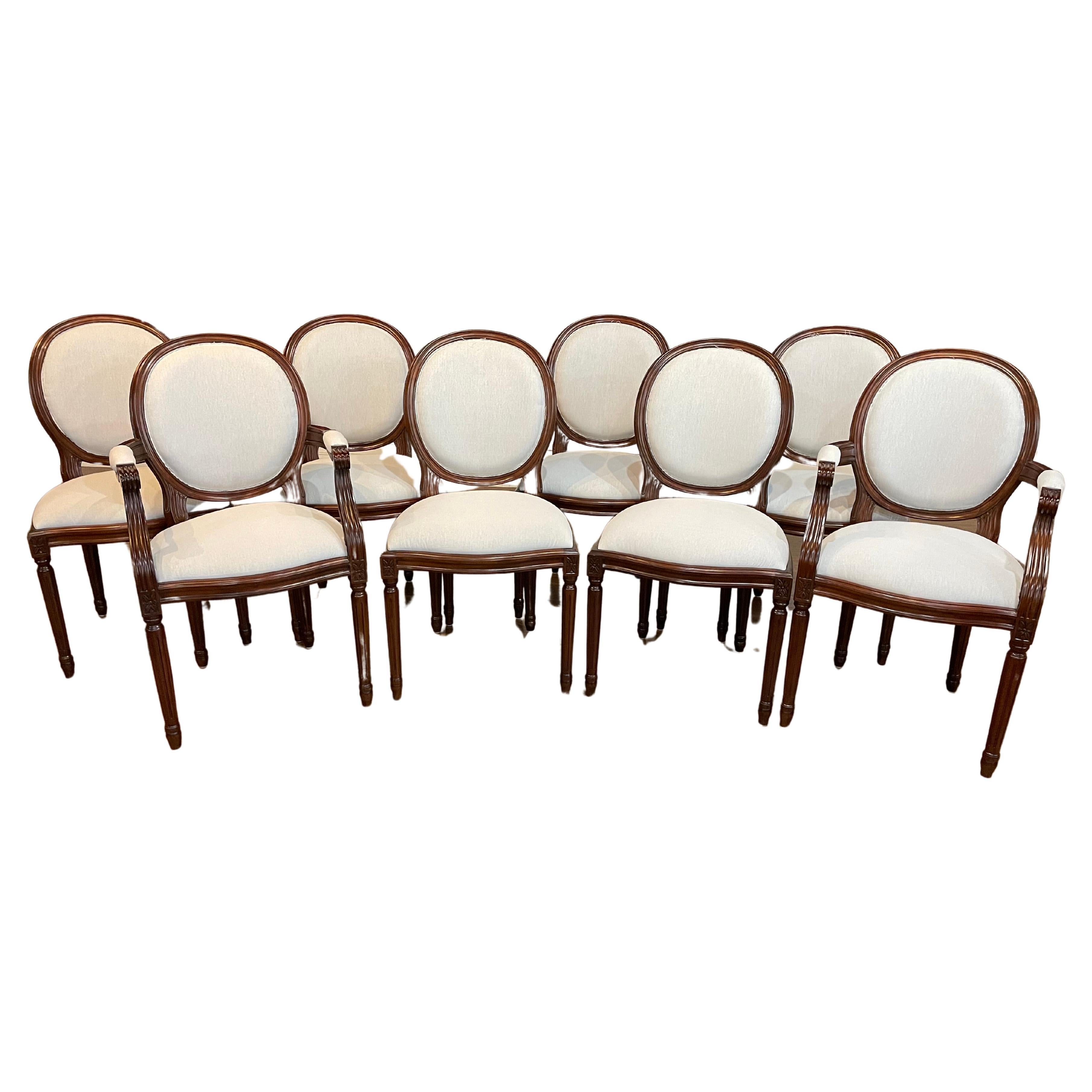 Set of Eight Louis XVI Upholstered Dining Chairs by Leighton Hall  For Sale