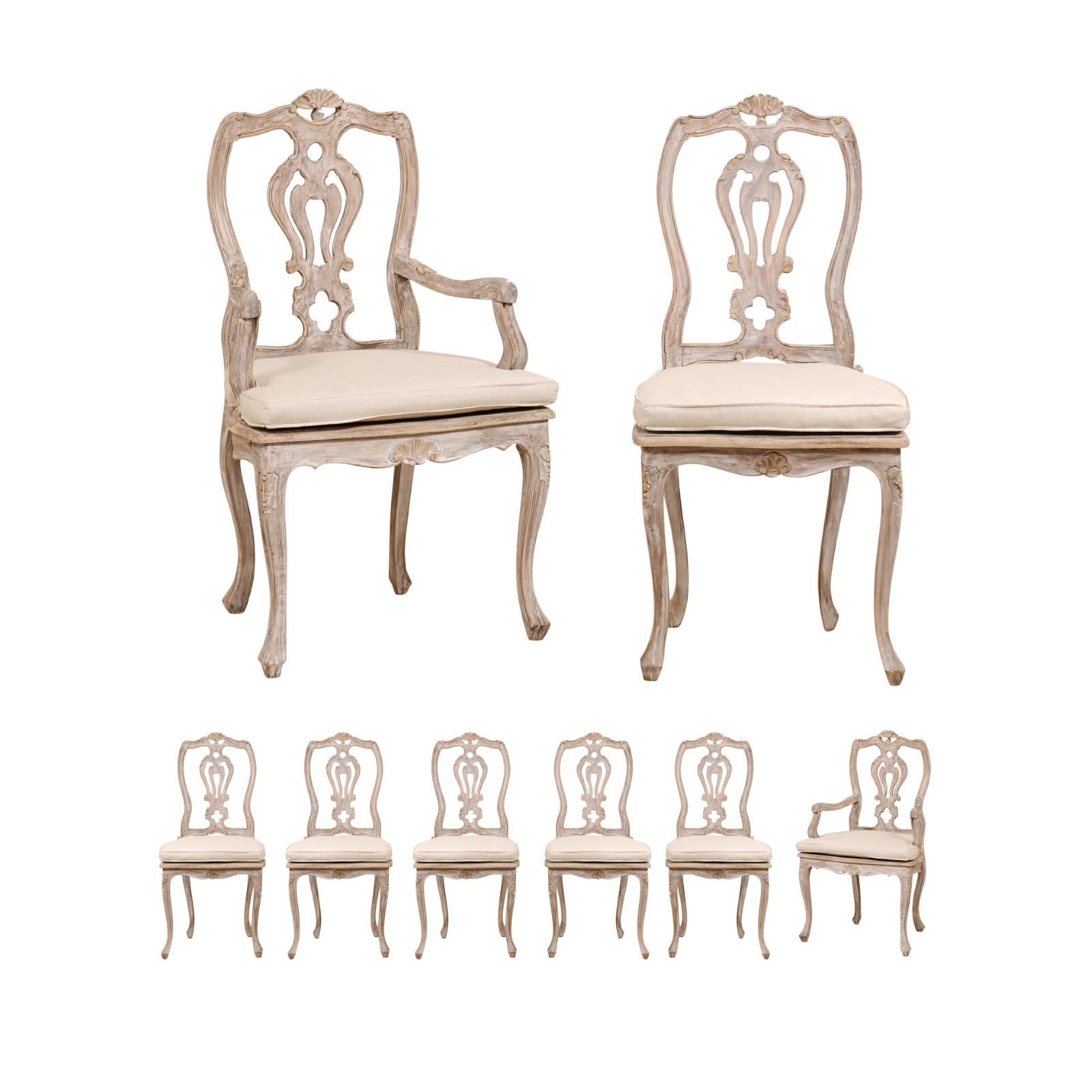 Set of Eight Lovely Italian Ornately Carved & Pierced-Splat Back Dining Chairs 