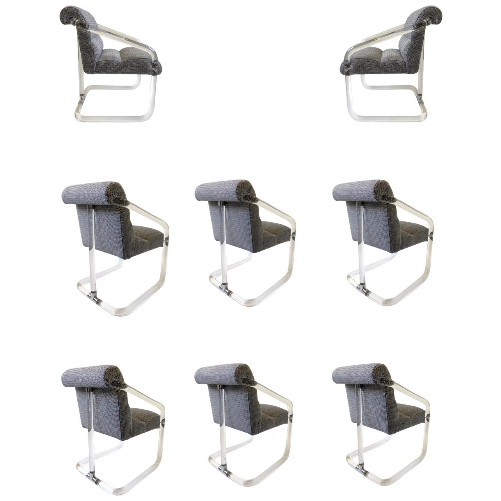 Set of Eight Lucite and Chrome Dining Chairs by Lion in Frost