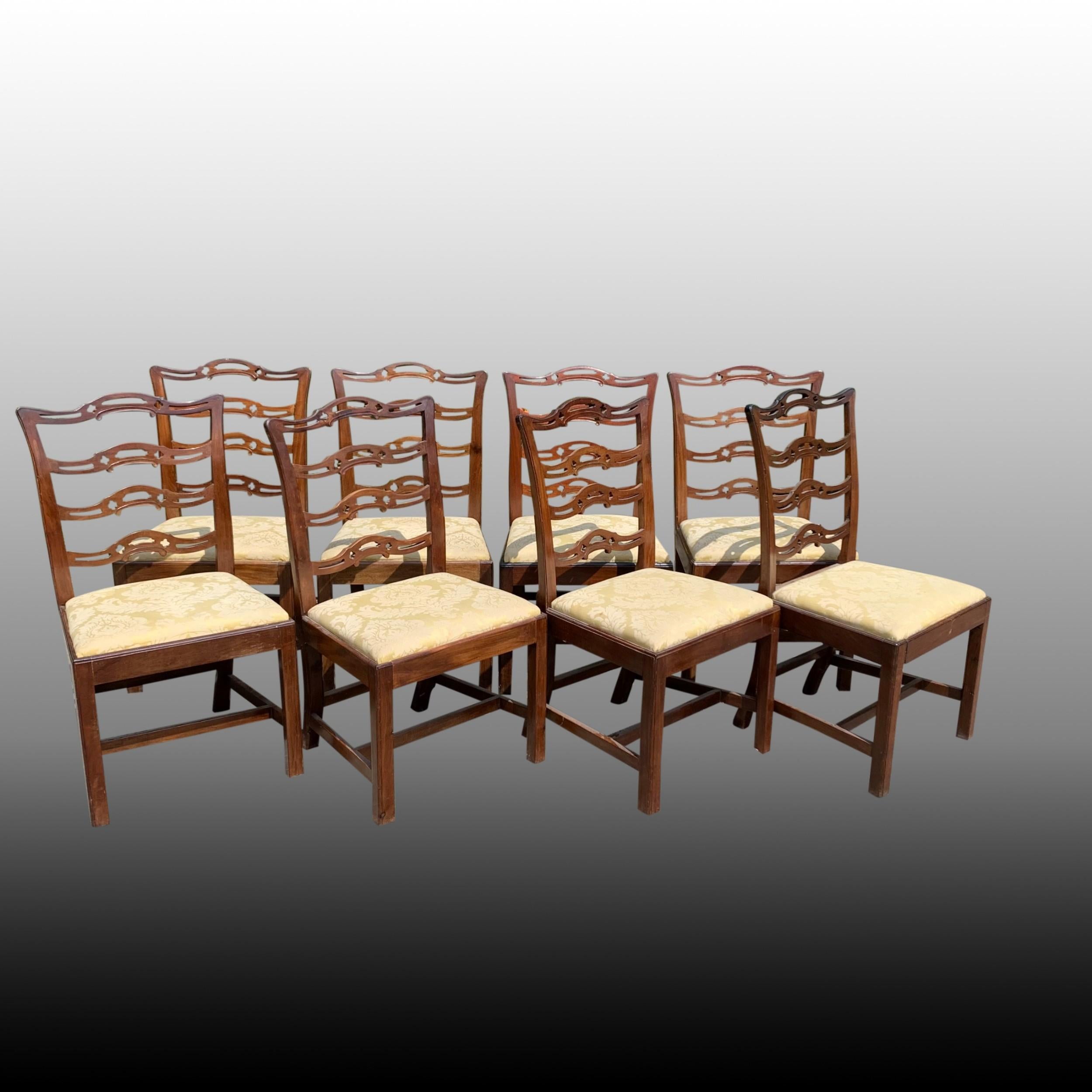 Georgian Set of Eight Mahogany Chippendale Style Ladder-Back Dining Chairs