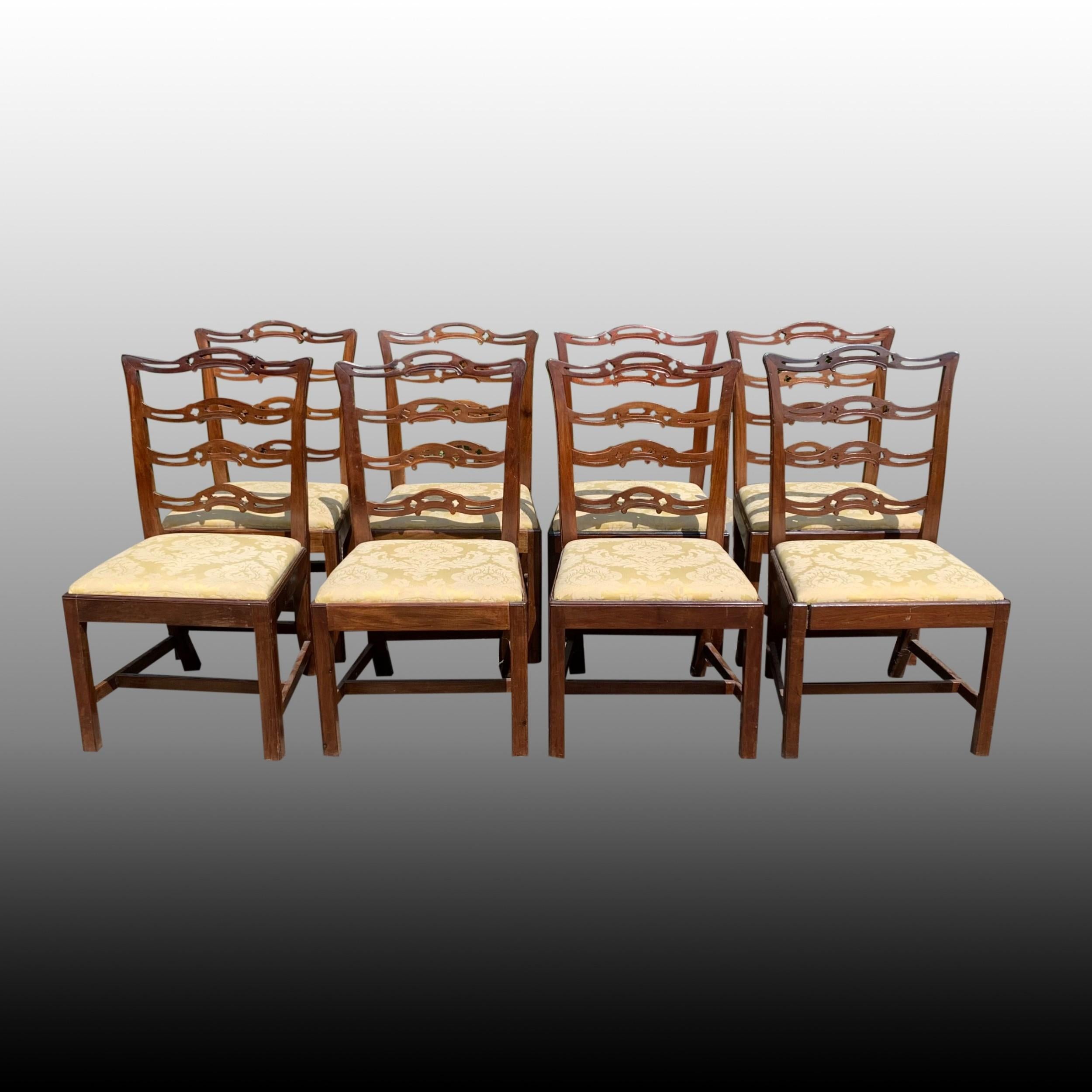 English Set of Eight Mahogany Chippendale Style Ladder-Back Dining Chairs