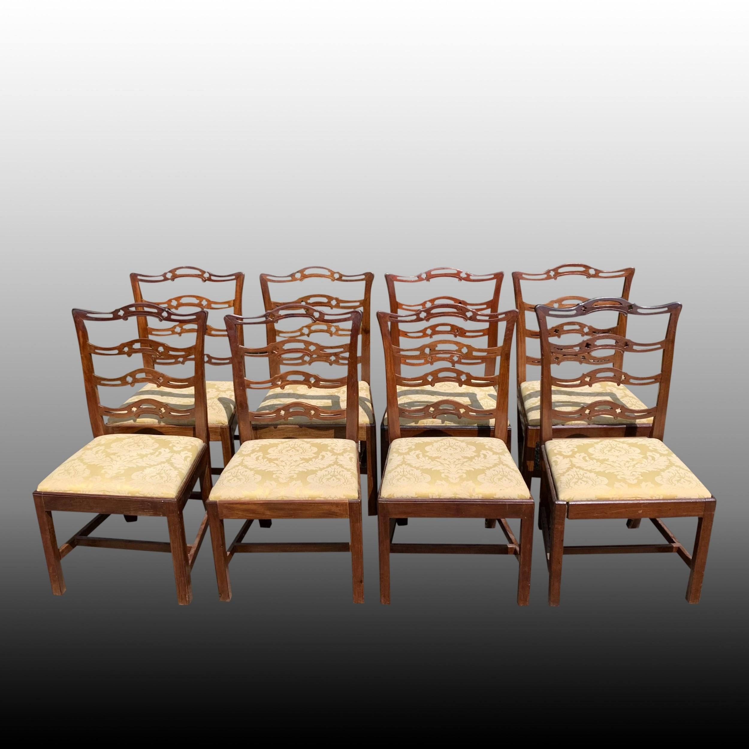 Set of Eight Mahogany Chippendale Style Ladder-Back Dining Chairs In Fair Condition In Folkestone, GB