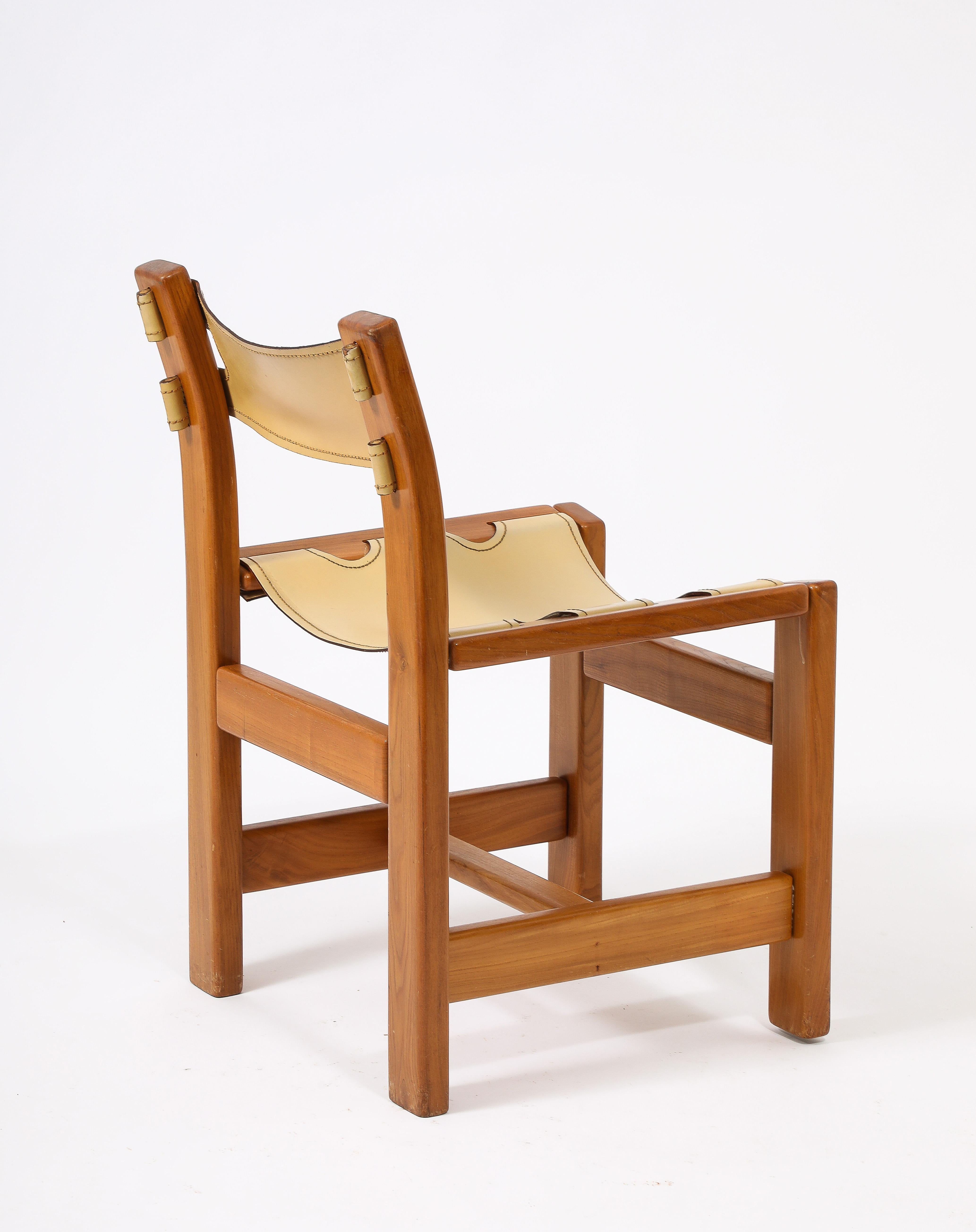 Set of Eight Maison Regain Elm & Leather Slings Chairs, France 1980's 4