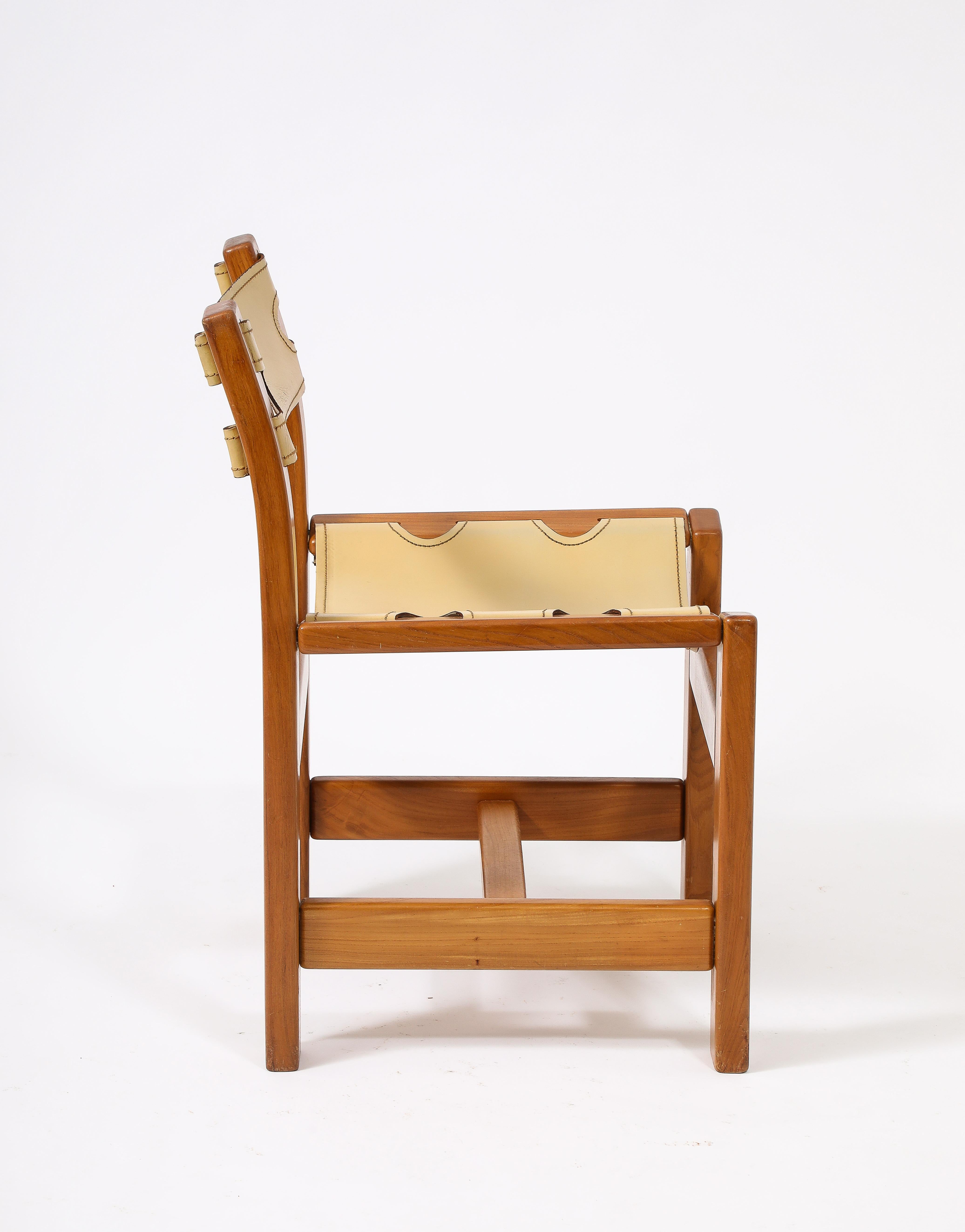 Set of Eight Maison Regain Elm & Leather Slings Chairs, France 1980's 5
