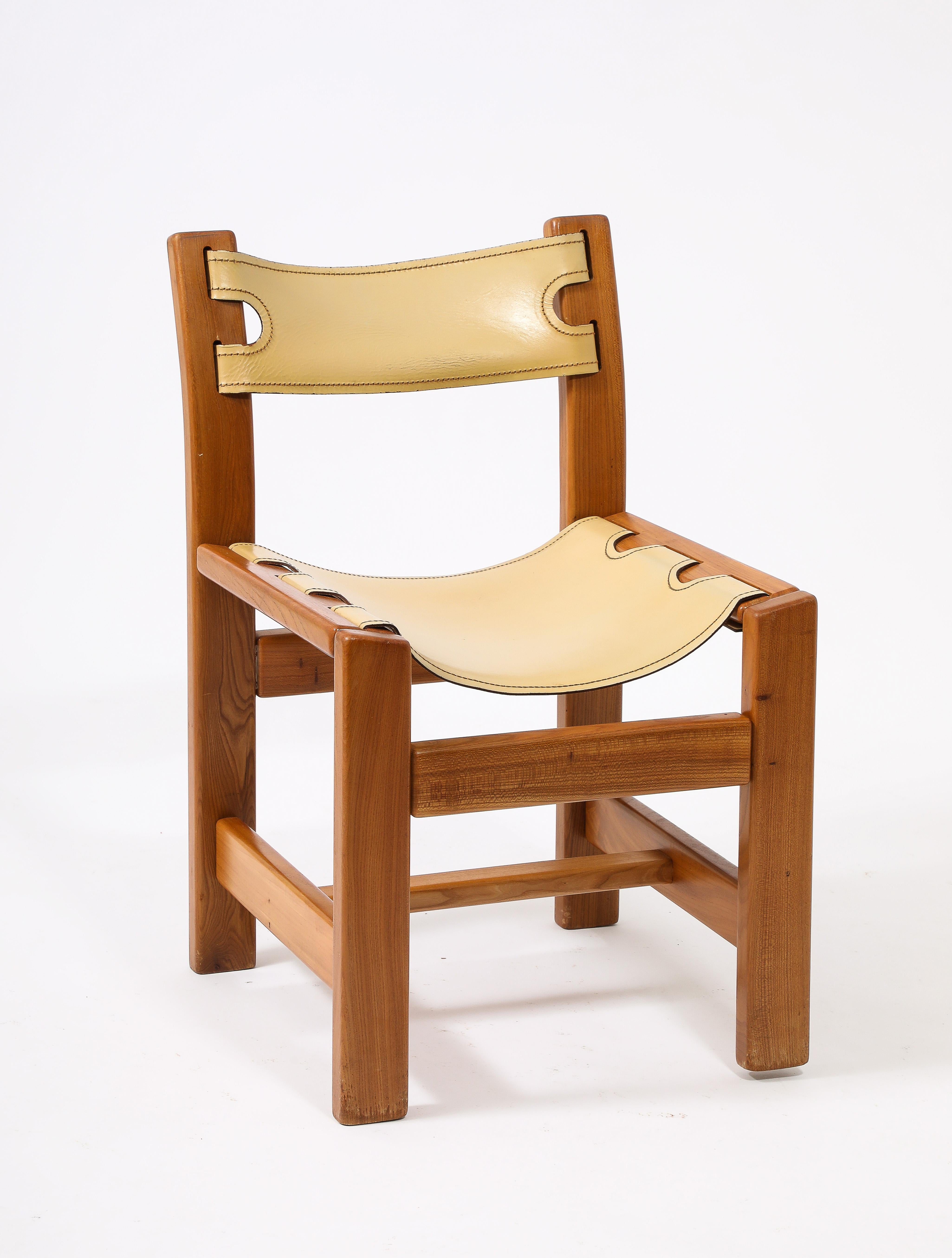 Set of Eight Maison Regain Elm & Leather Slings Chairs, France 1980's 6