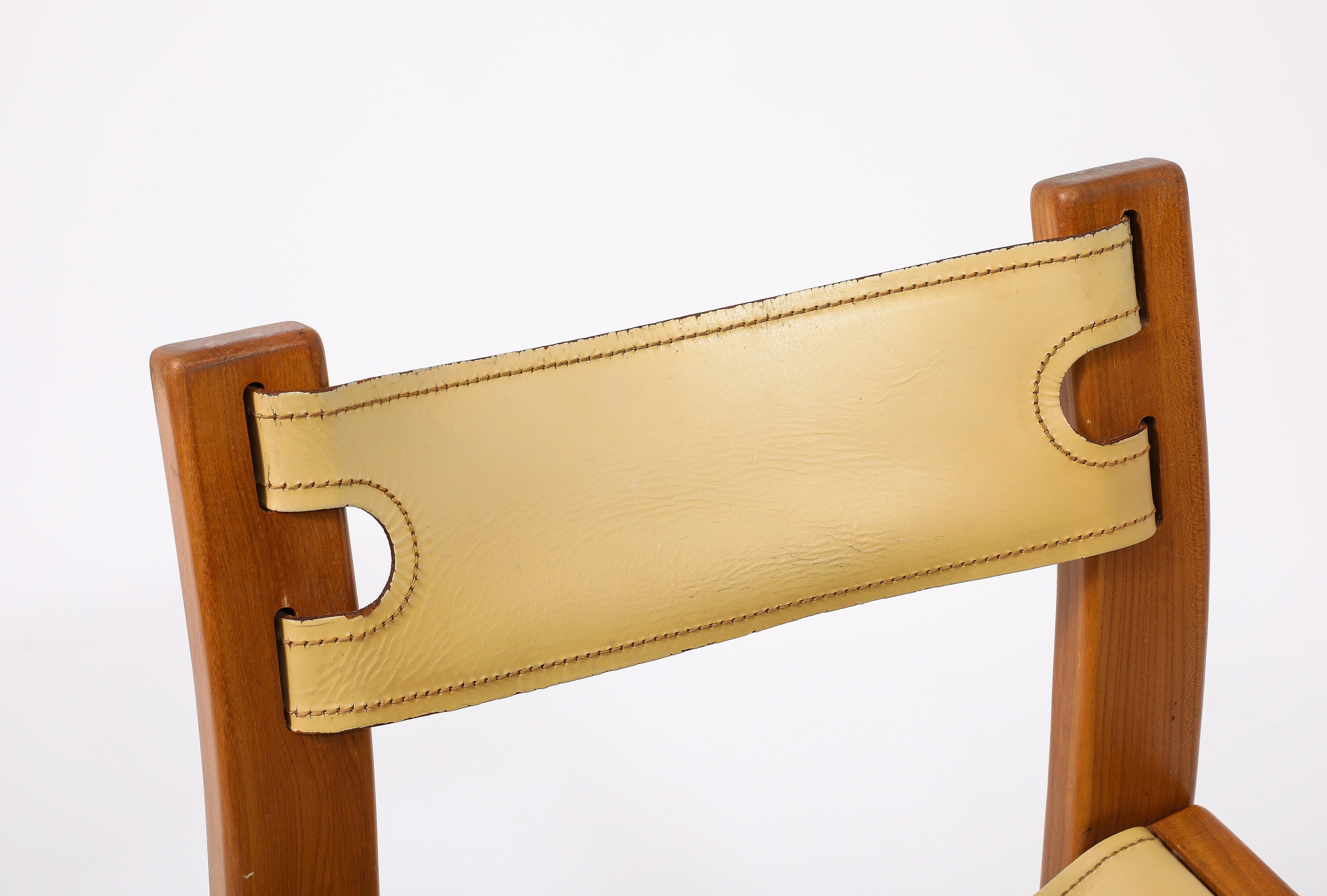Set of Eight Maison Regain Elm & Leather Slings Chairs, France 1980's 7
