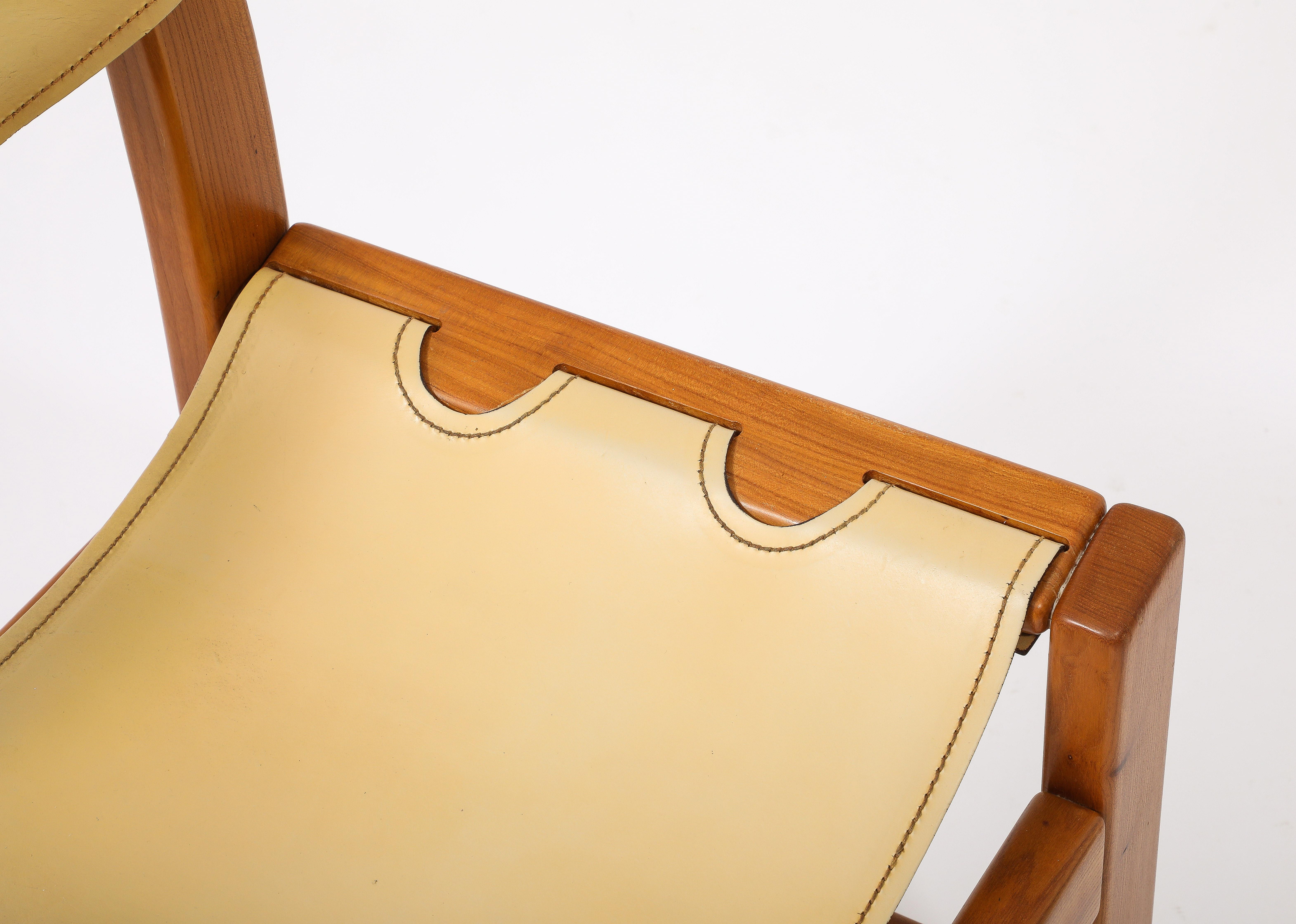 Set of Eight Maison Regain Elm & Leather Slings Chairs, France 1980's 8