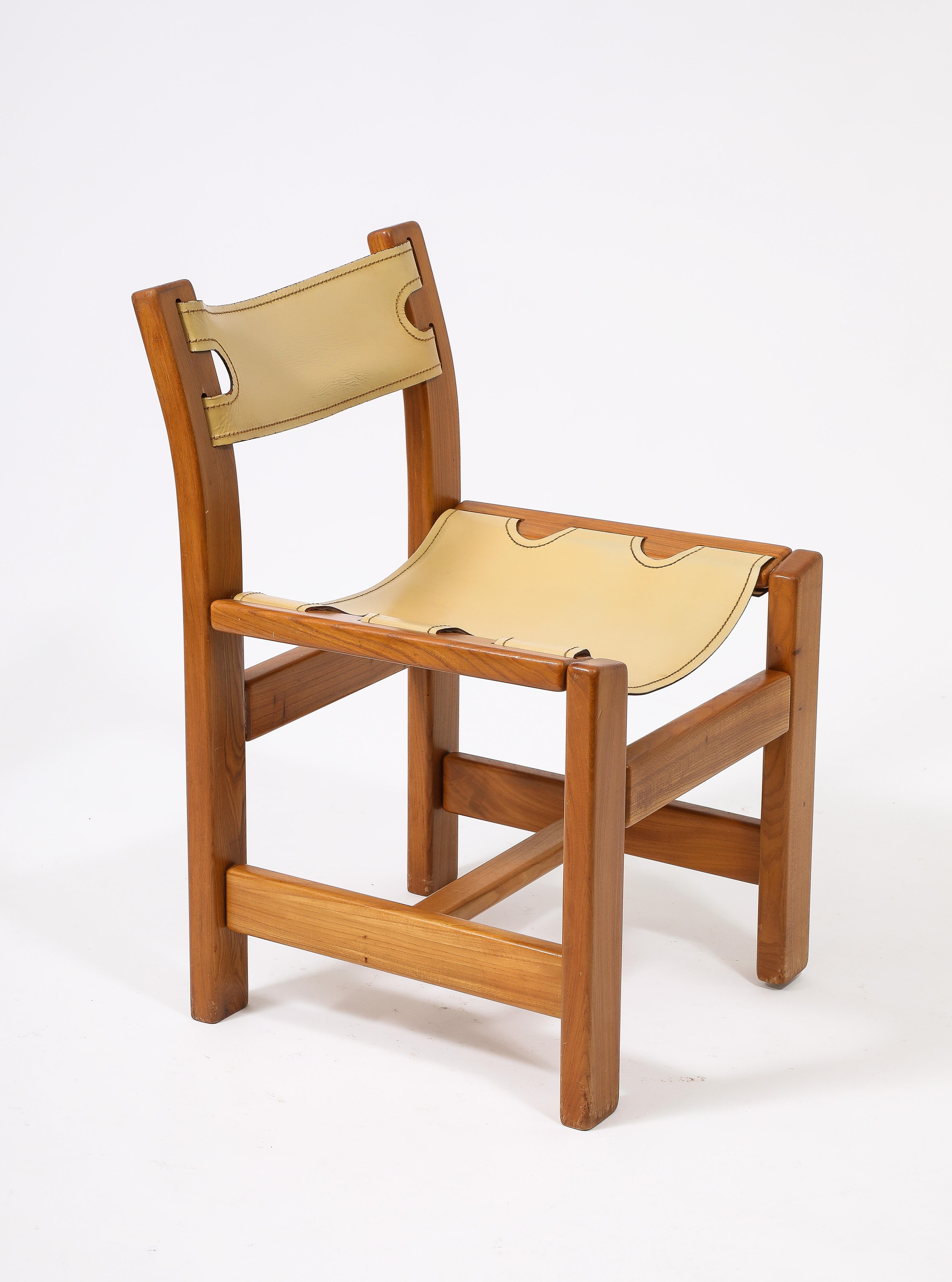 Set of Eight Maison Regain Elm & Leather Slings Chairs, France 1980's 9
