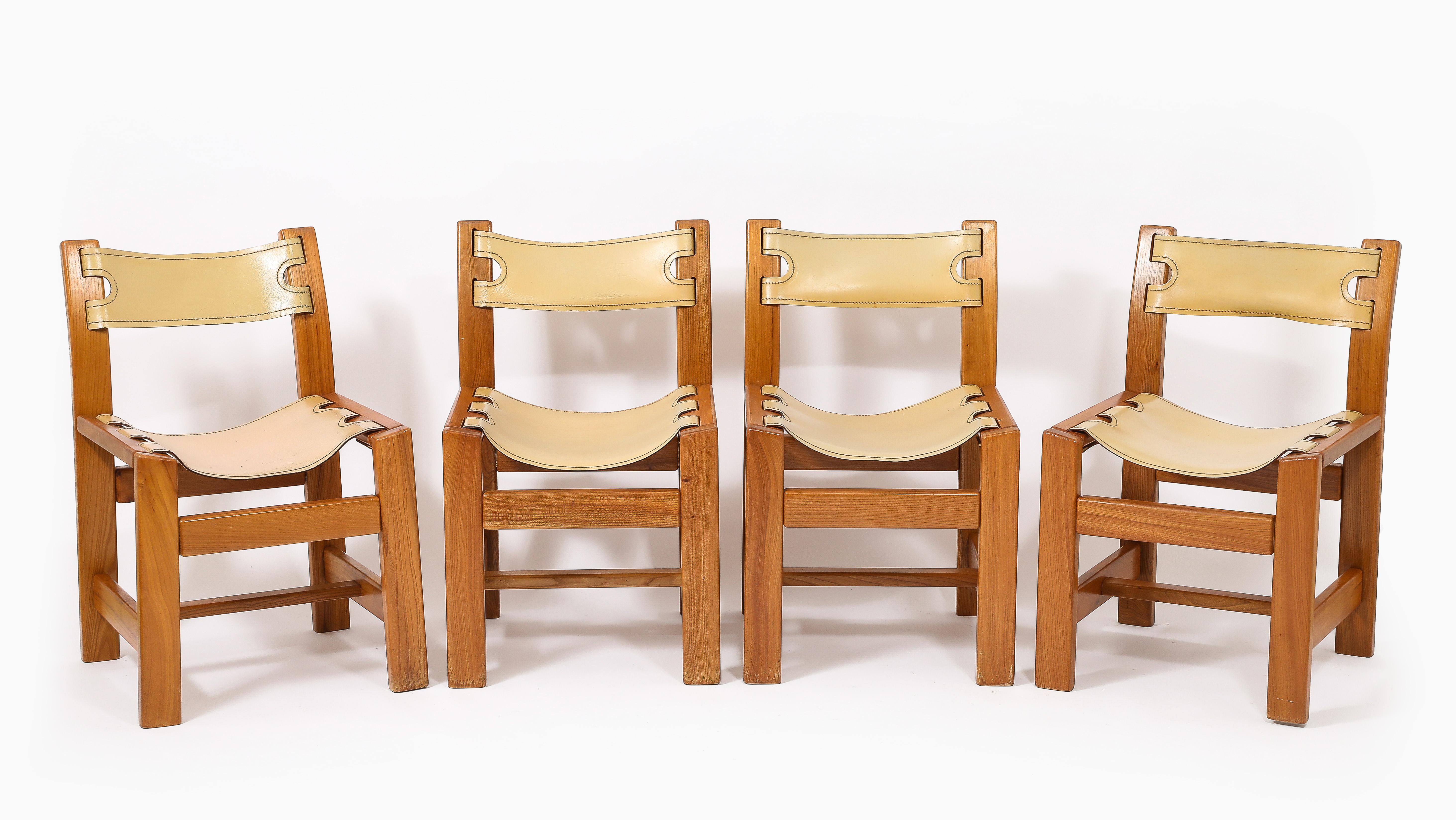 Set of Eight Maison Regain Elm & Leather Slings Chairs, France 1980's 10