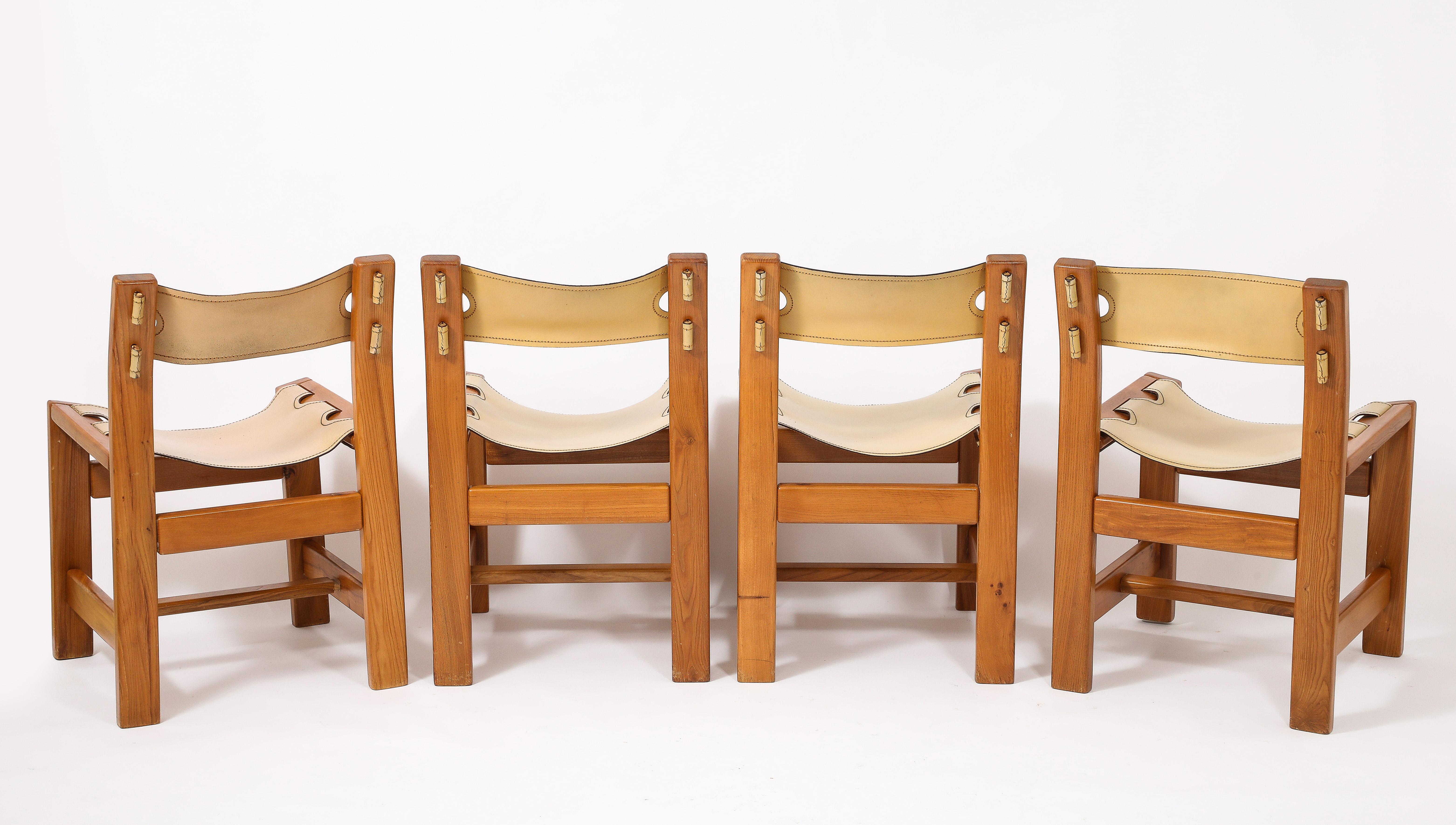 Set of Eight Maison Regain Elm & Leather Slings Chairs, France 1980's 12