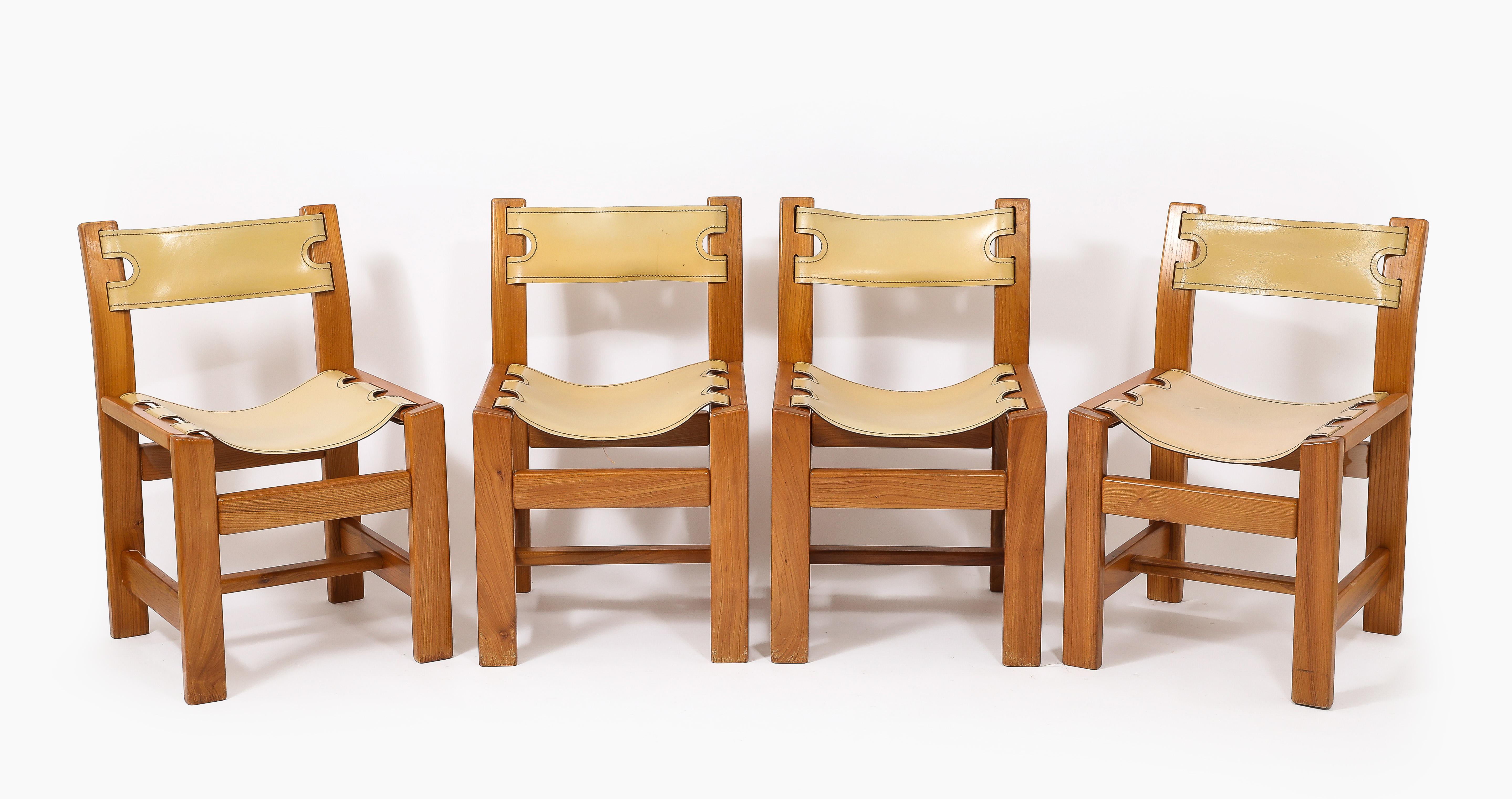 Set of Eight Maison Regain Elm & Leather Slings Chairs, France 1980's 13
