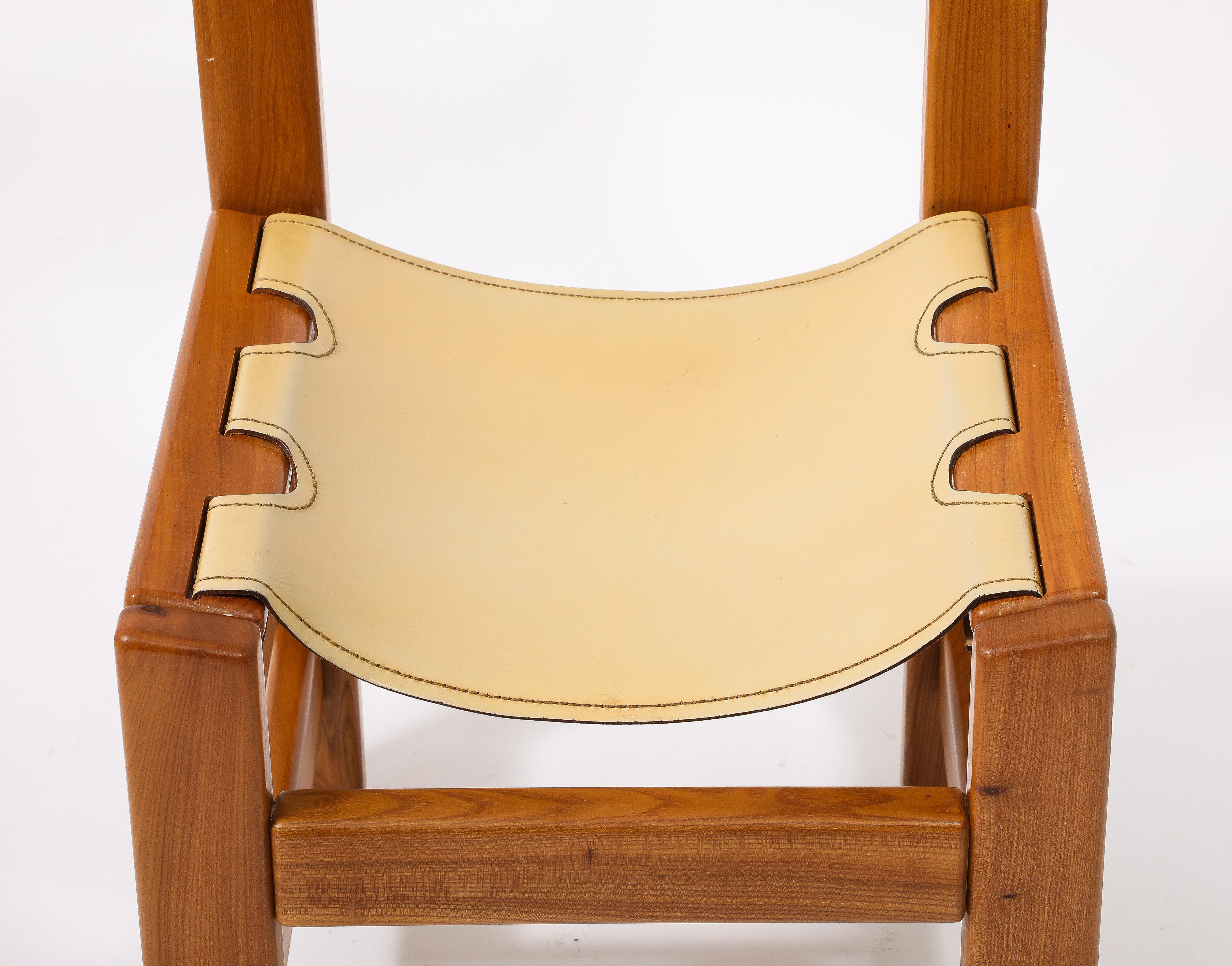 Brutalist Set of Eight Maison Regain Elm & Leather Slings Chairs, France 1980's