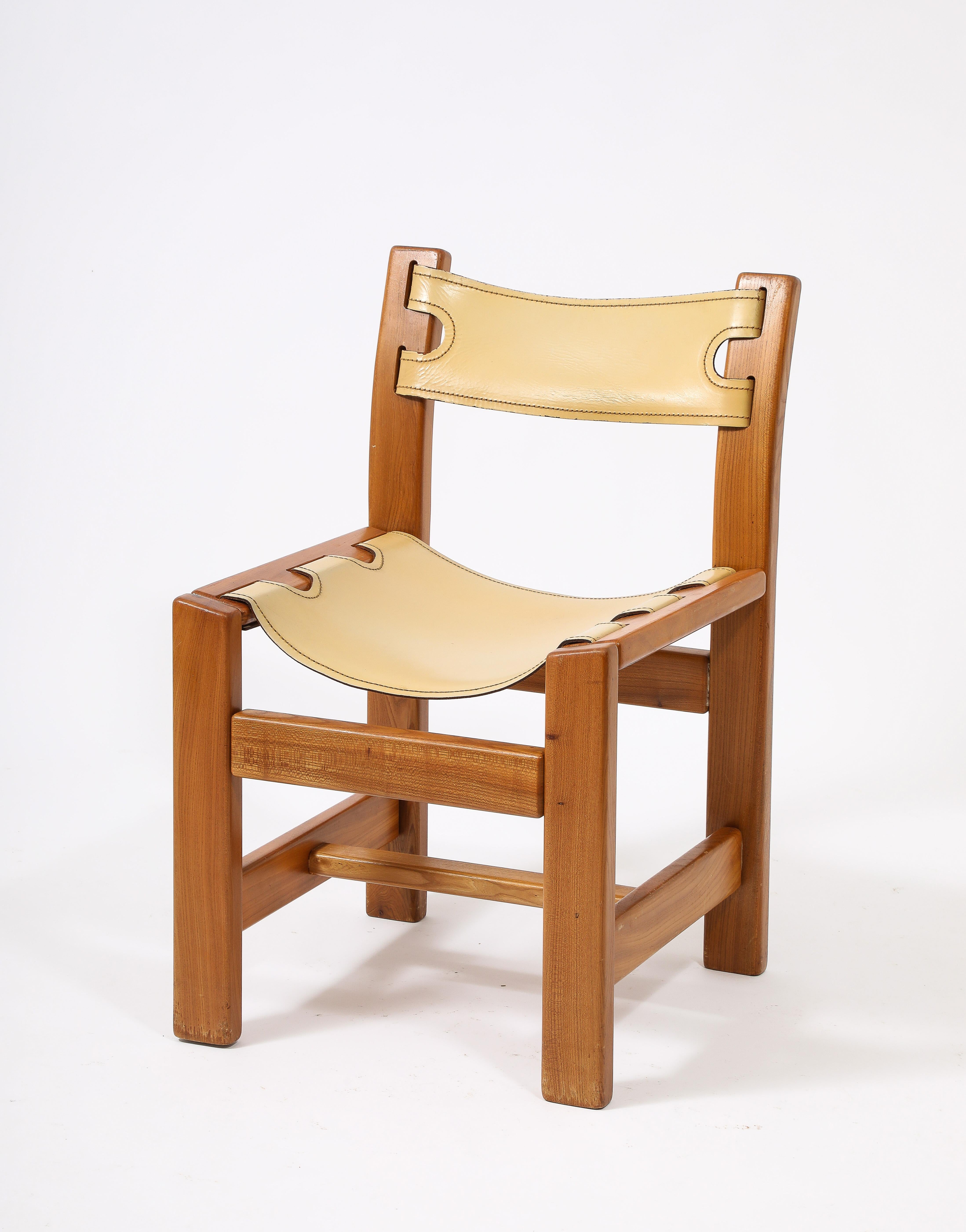French Set of Eight Maison Regain Elm & Leather Slings Chairs, France 1980's