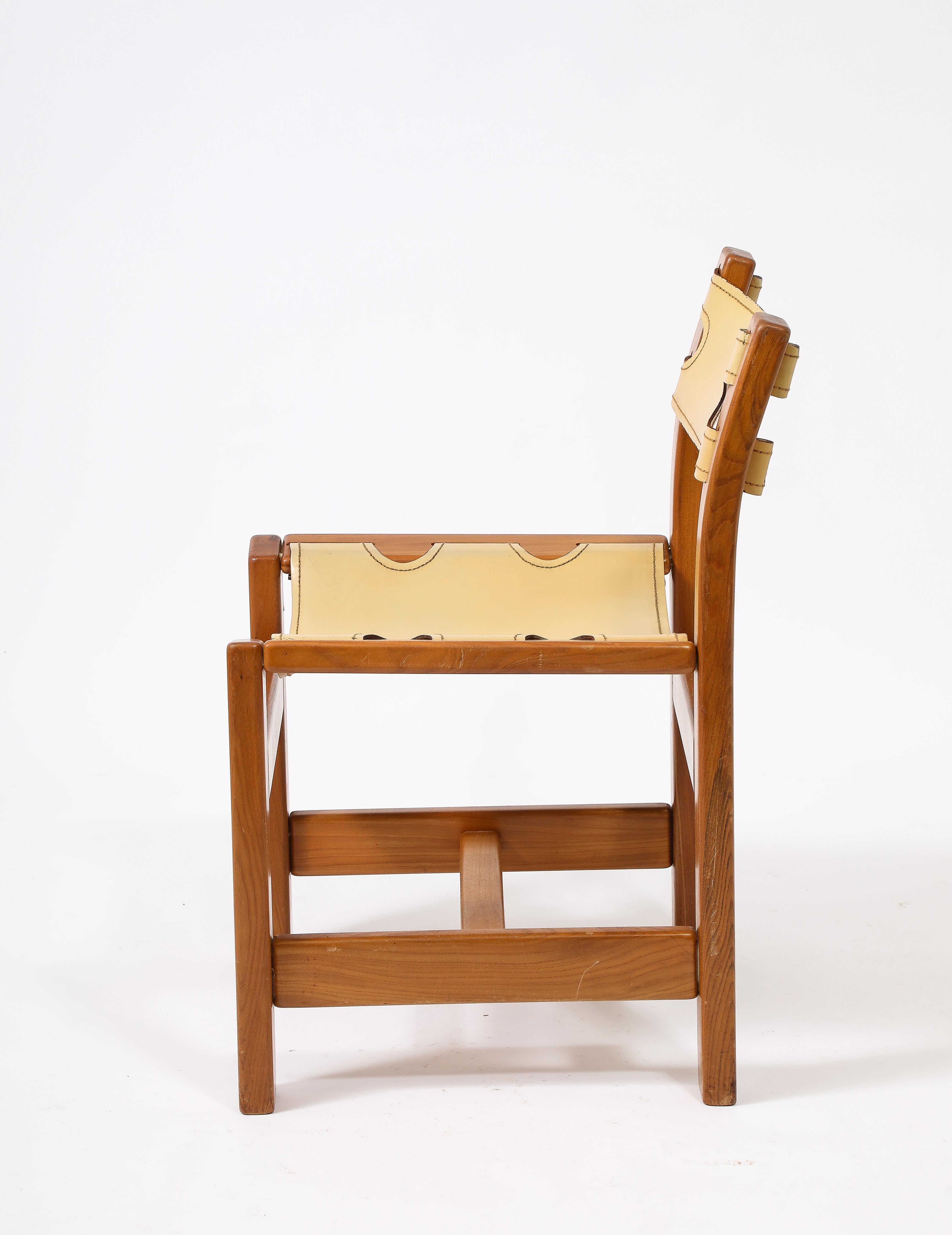 20th Century Set of Eight Maison Regain Elm & Leather Slings Chairs, France 1980's