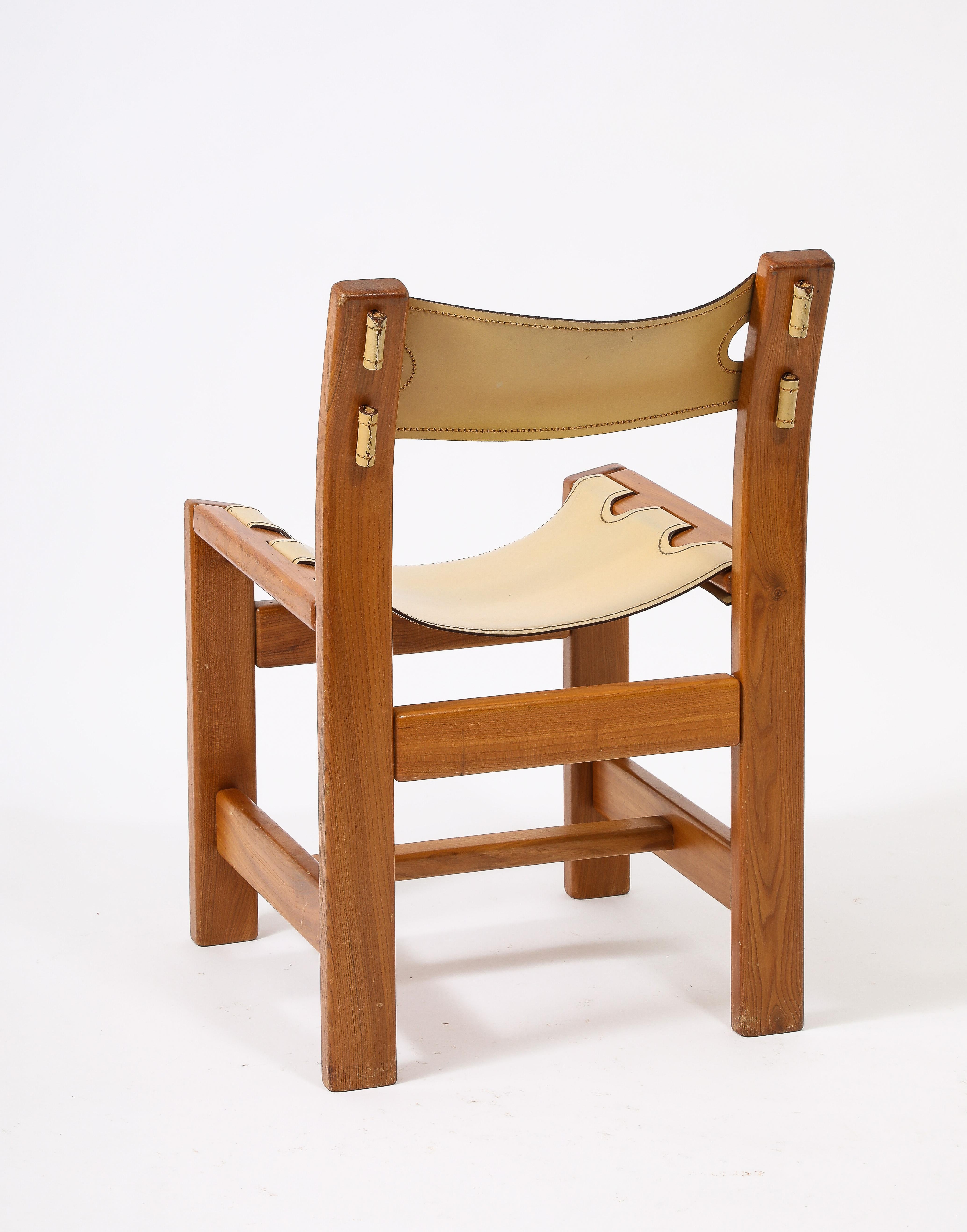 Set of Eight Maison Regain Elm & Leather Slings Chairs, France 1980's 1