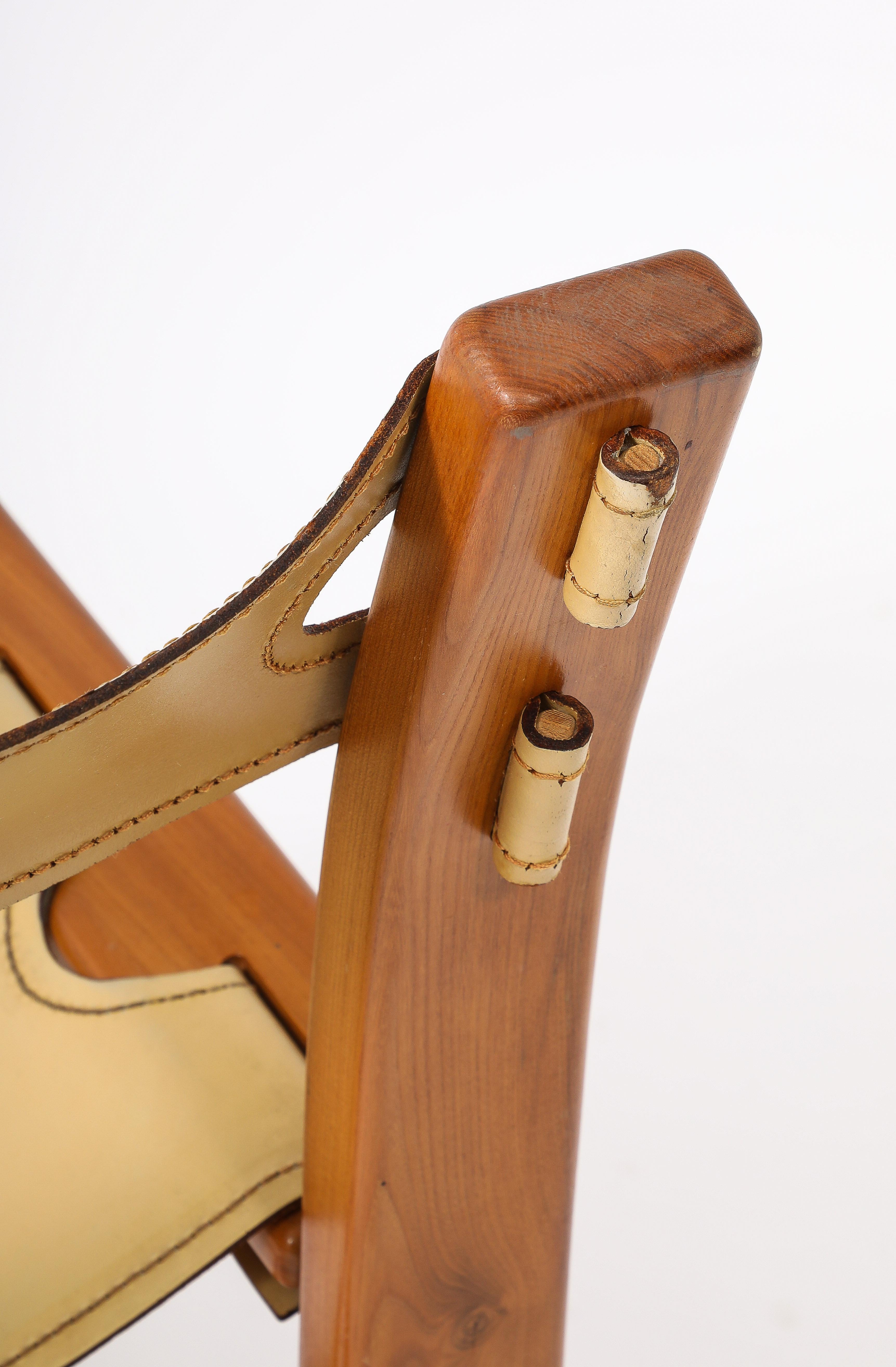 Set of Eight Maison Regain Elm & Leather Slings Chairs, France 1980's 2