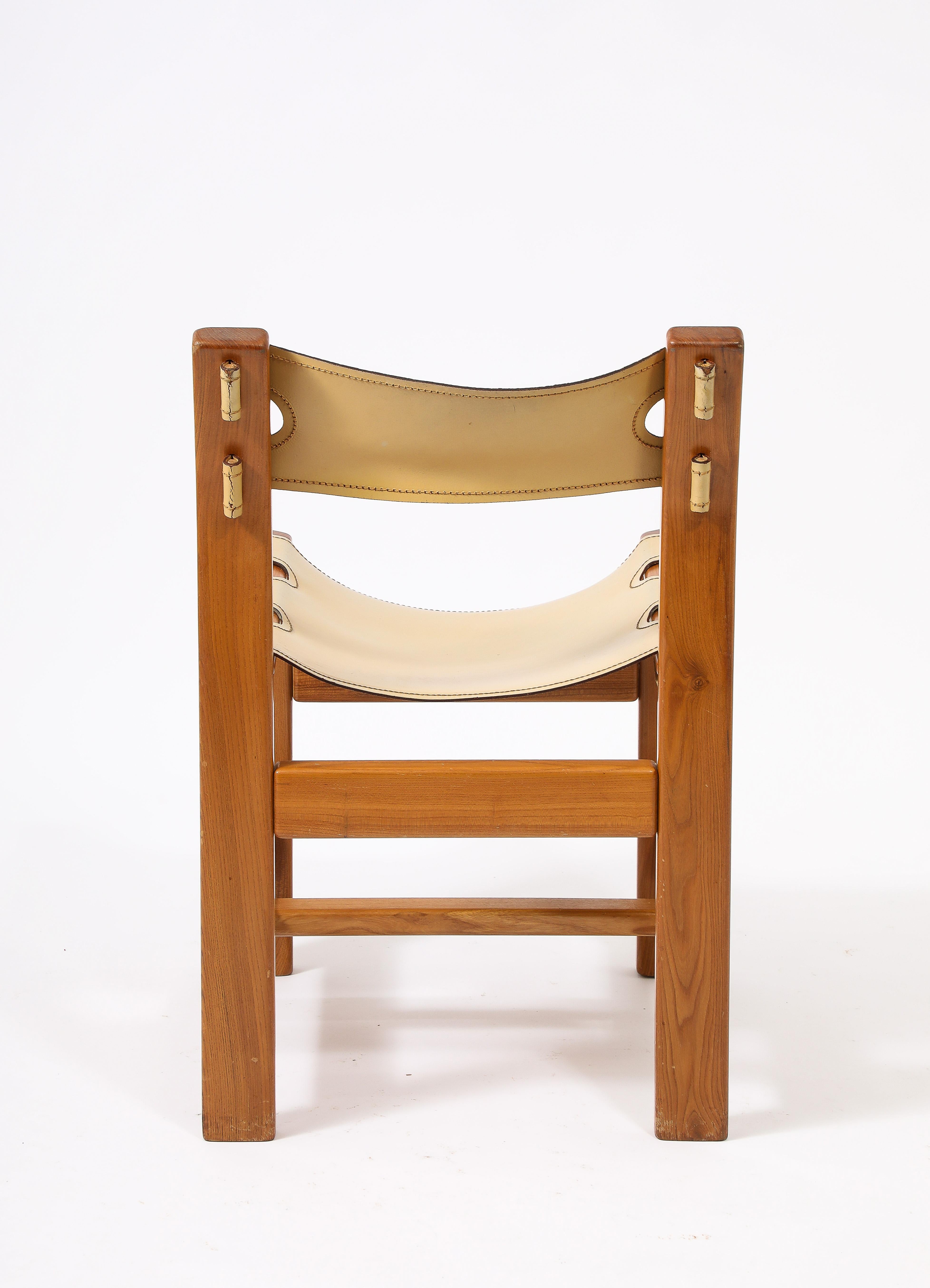 Set of Eight Maison Regain Elm & Leather Slings Chairs, France 1980's 3