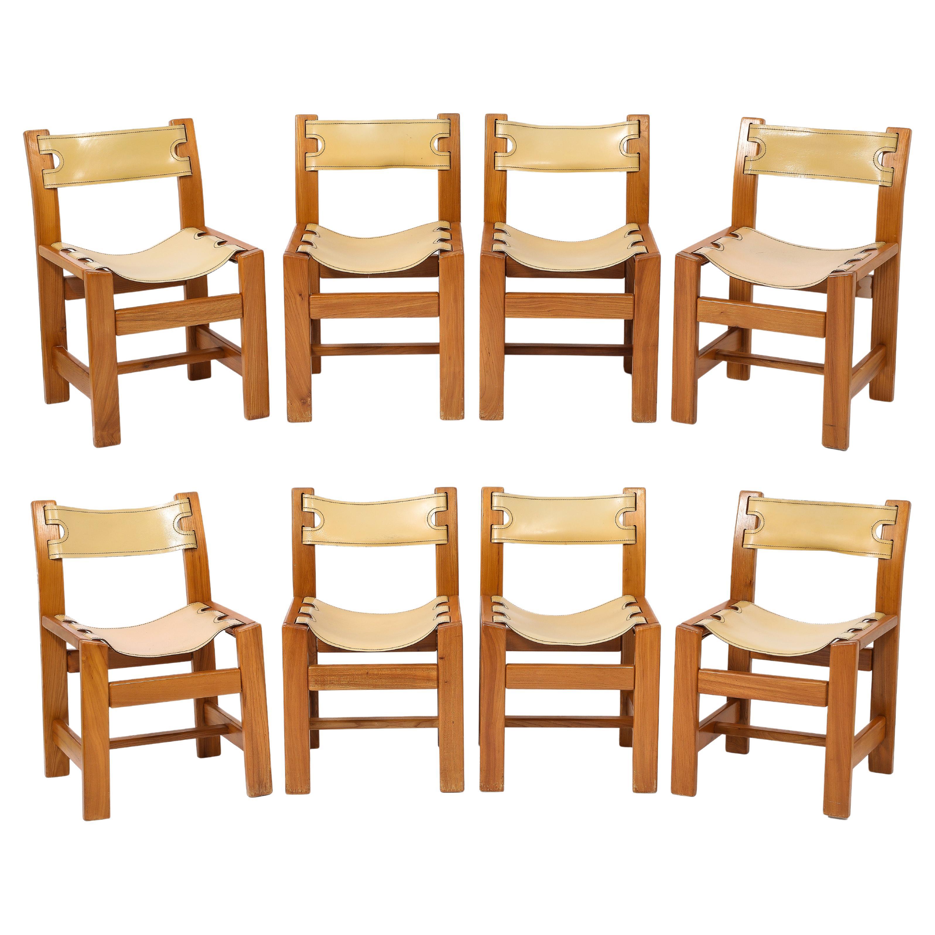 Set of Eight Maison Regain Elm & Leather Slings Chairs, France 1980's
