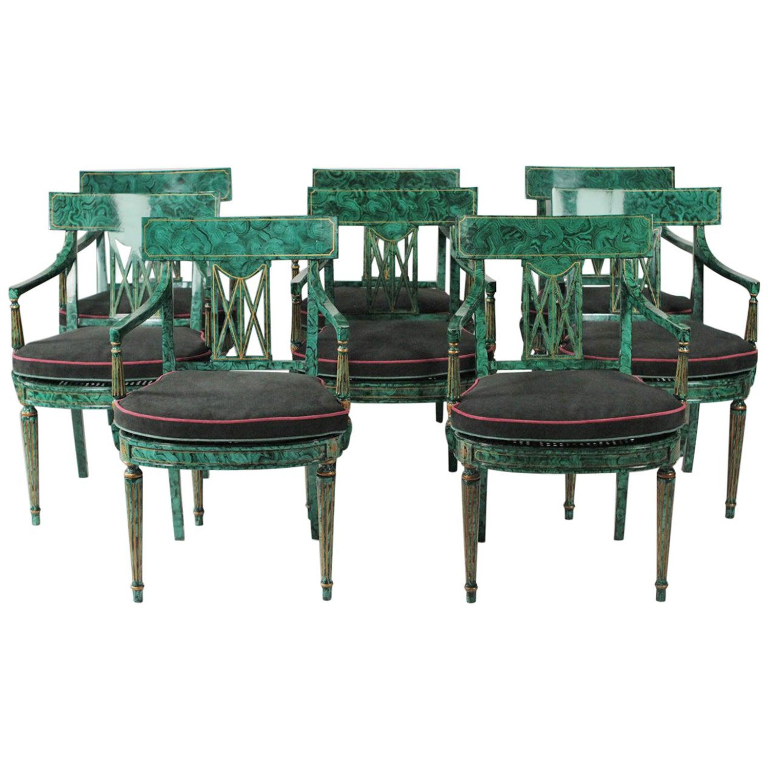 Set Of Eight Maitland Smith Faux Painted Malachite Dining Room Armchairs