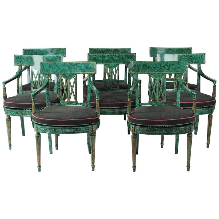 Set Of Eight Maitland Smith Faux Painted Malachite Dining Room Armchairs
