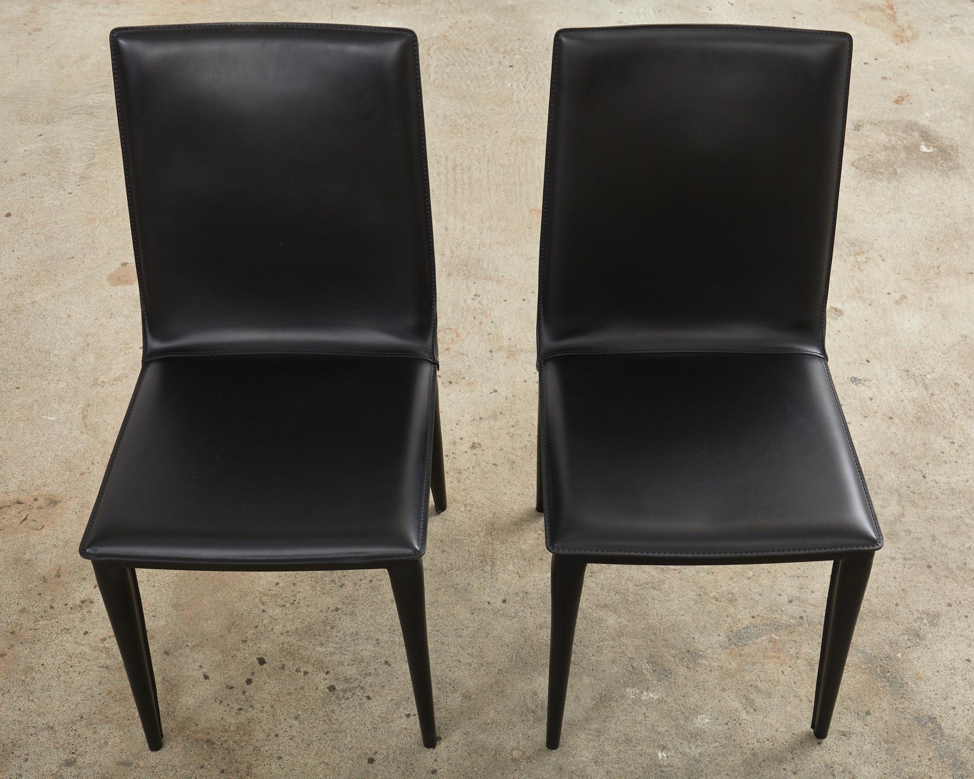Steel Set of Eight Mario Bellini Style Italian Leather Dining Chairs by Frag For Sale