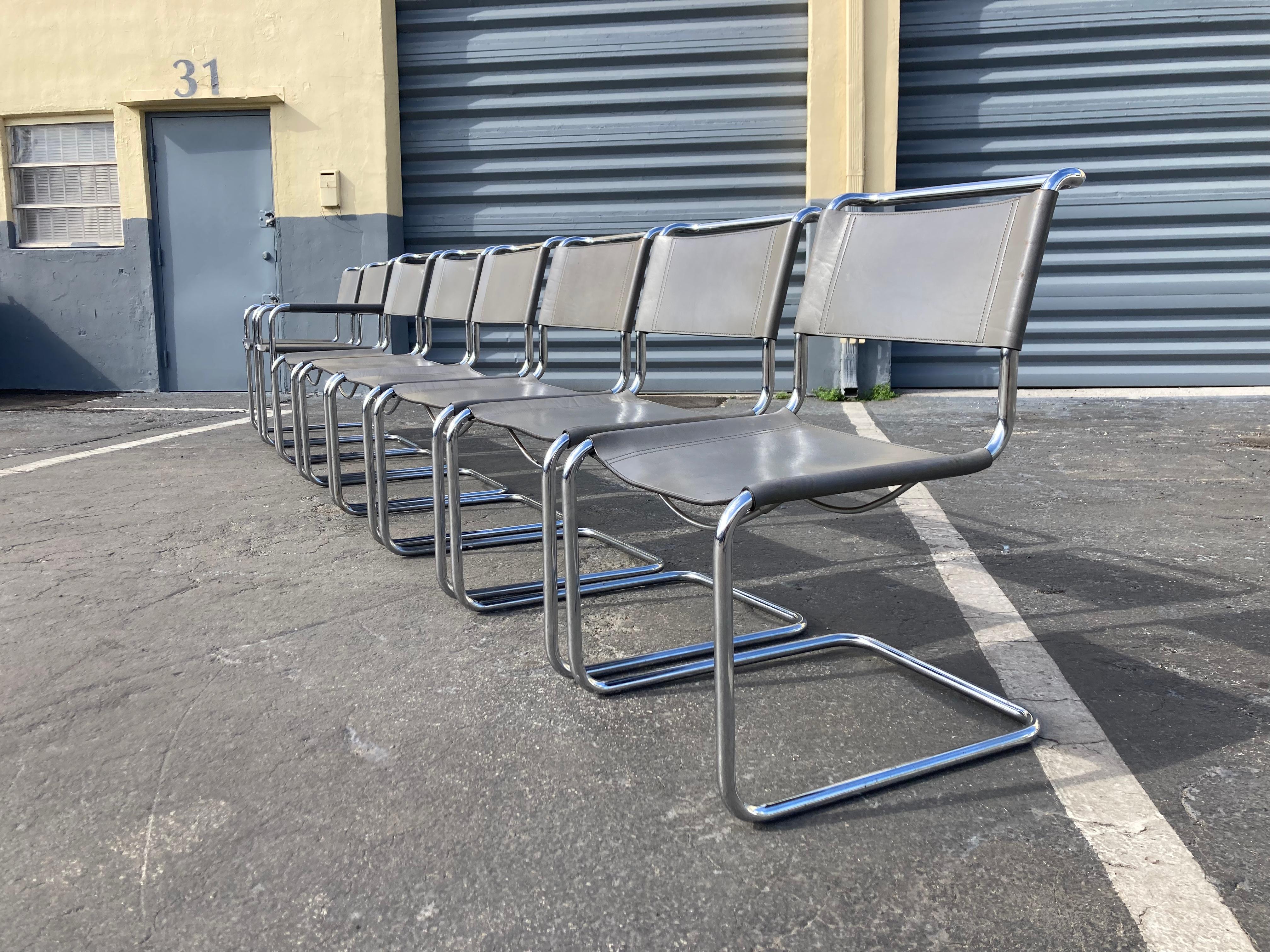 Set of Eight Mart Stam Gray Leather Chairs for Fasem, Italy 1980s For Sale 6