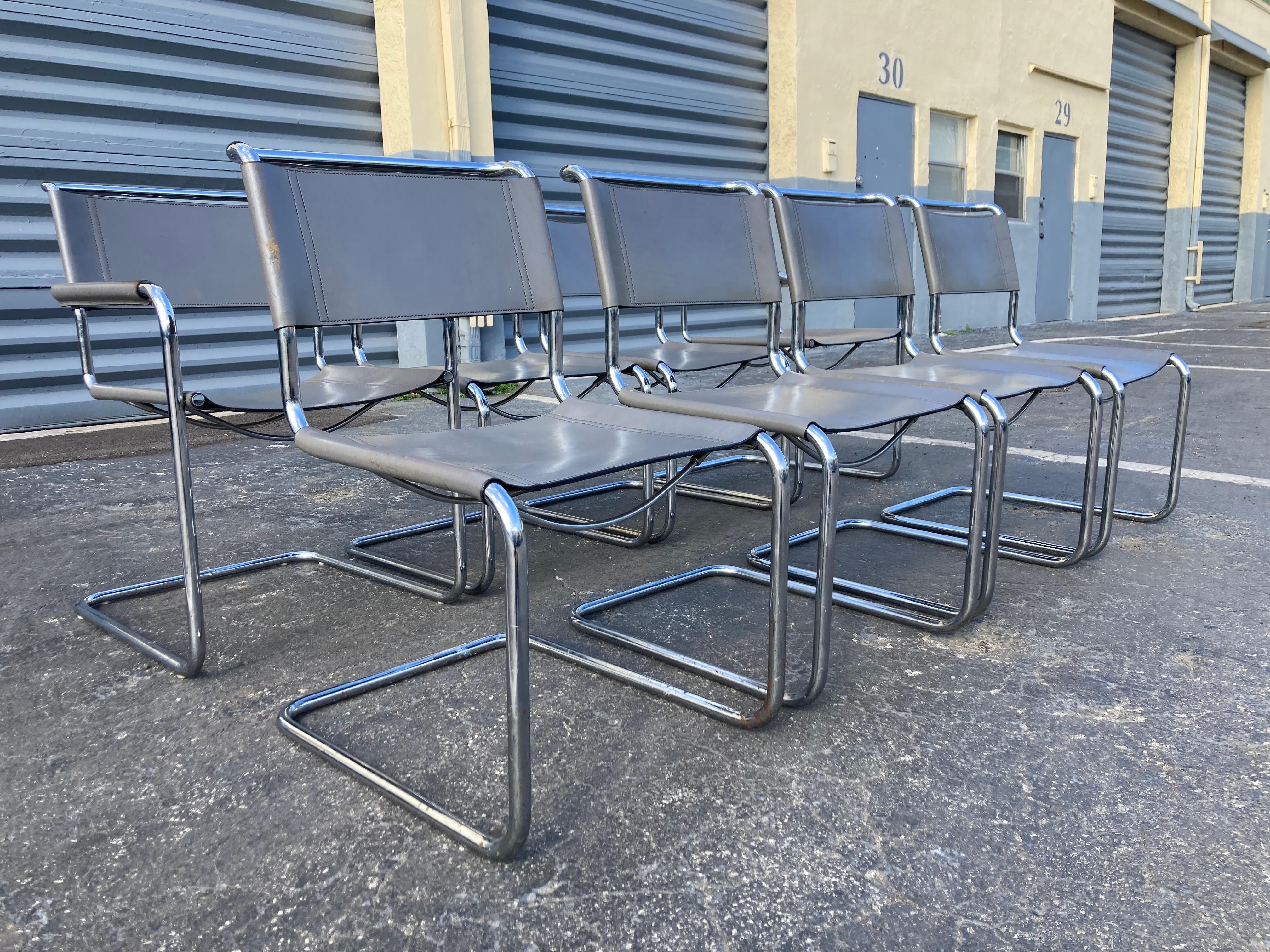Set of Eight Mart Stam Gray Leather Chairs for Fasem, Italy 1980s For Sale 7