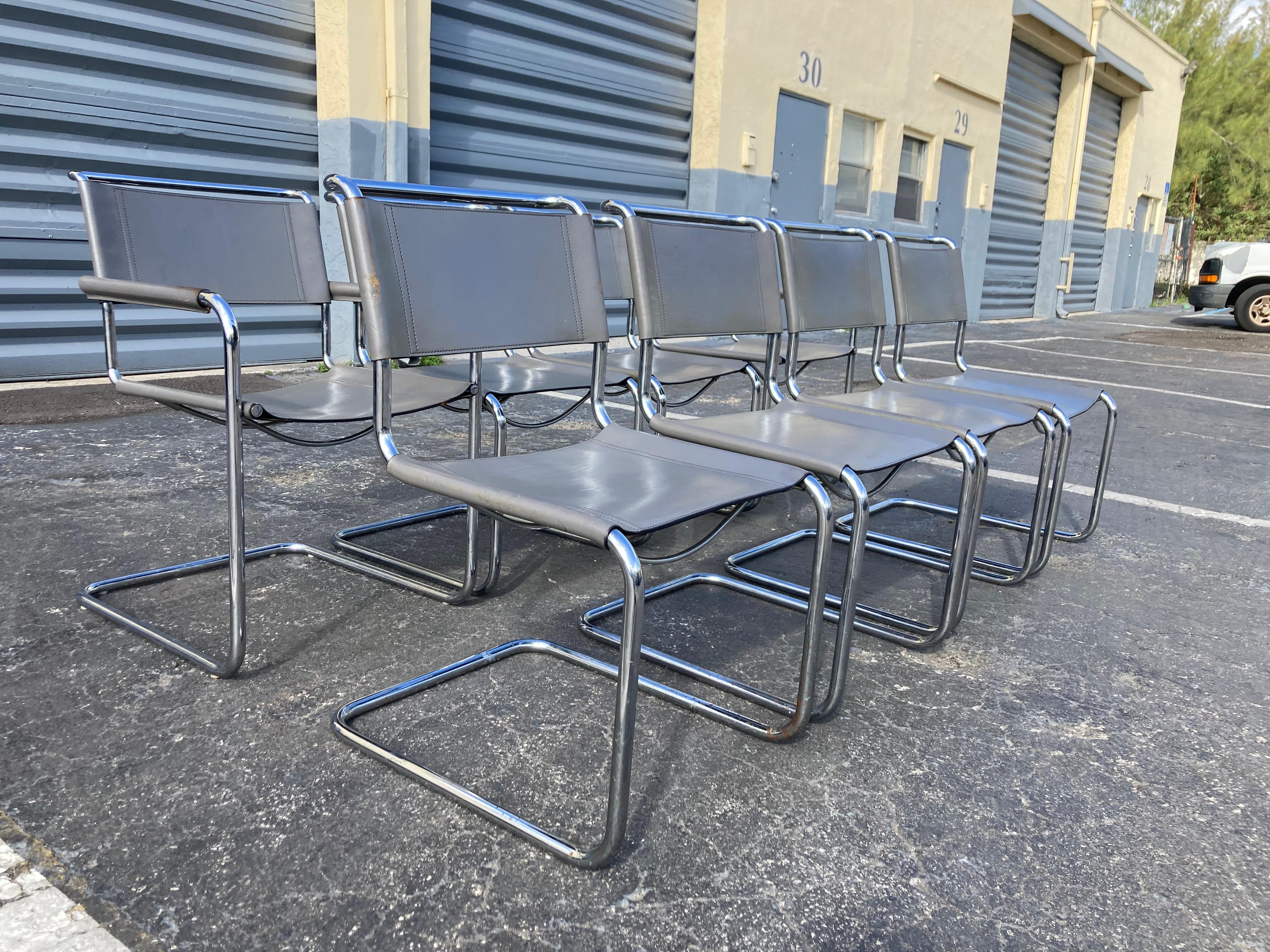 Set of Eight Mart Stam Gray Leather Chairs for Fasem, Italy 1980s For Sale 11