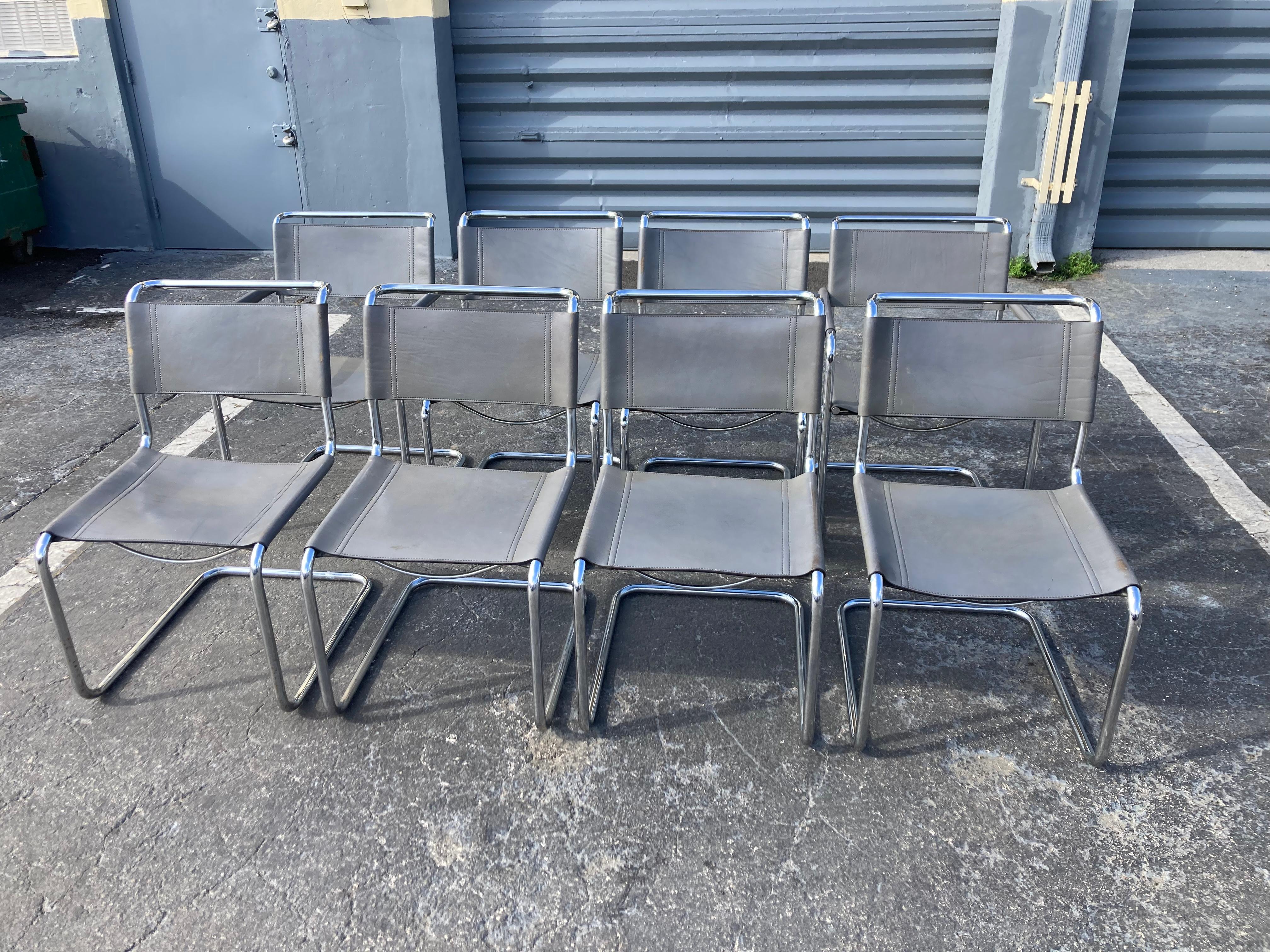 Set of Eight Mart Stam Gray Leather Chairs for Fasem, Italy 1980s For Sale 14