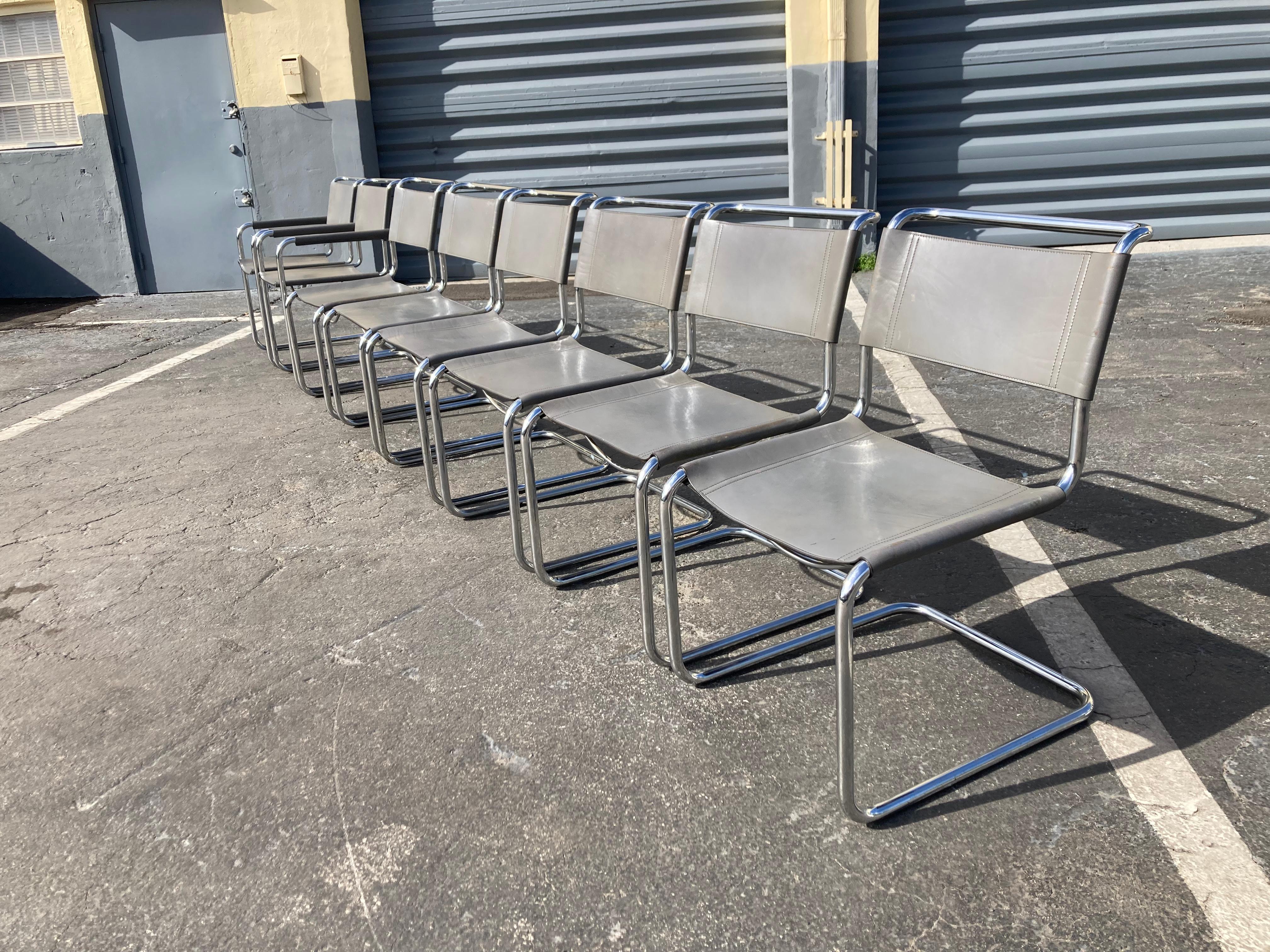 Mid-Century Modern Set of Eight Mart Stam Gray Leather Chairs for Fasem, Italy 1980s For Sale
