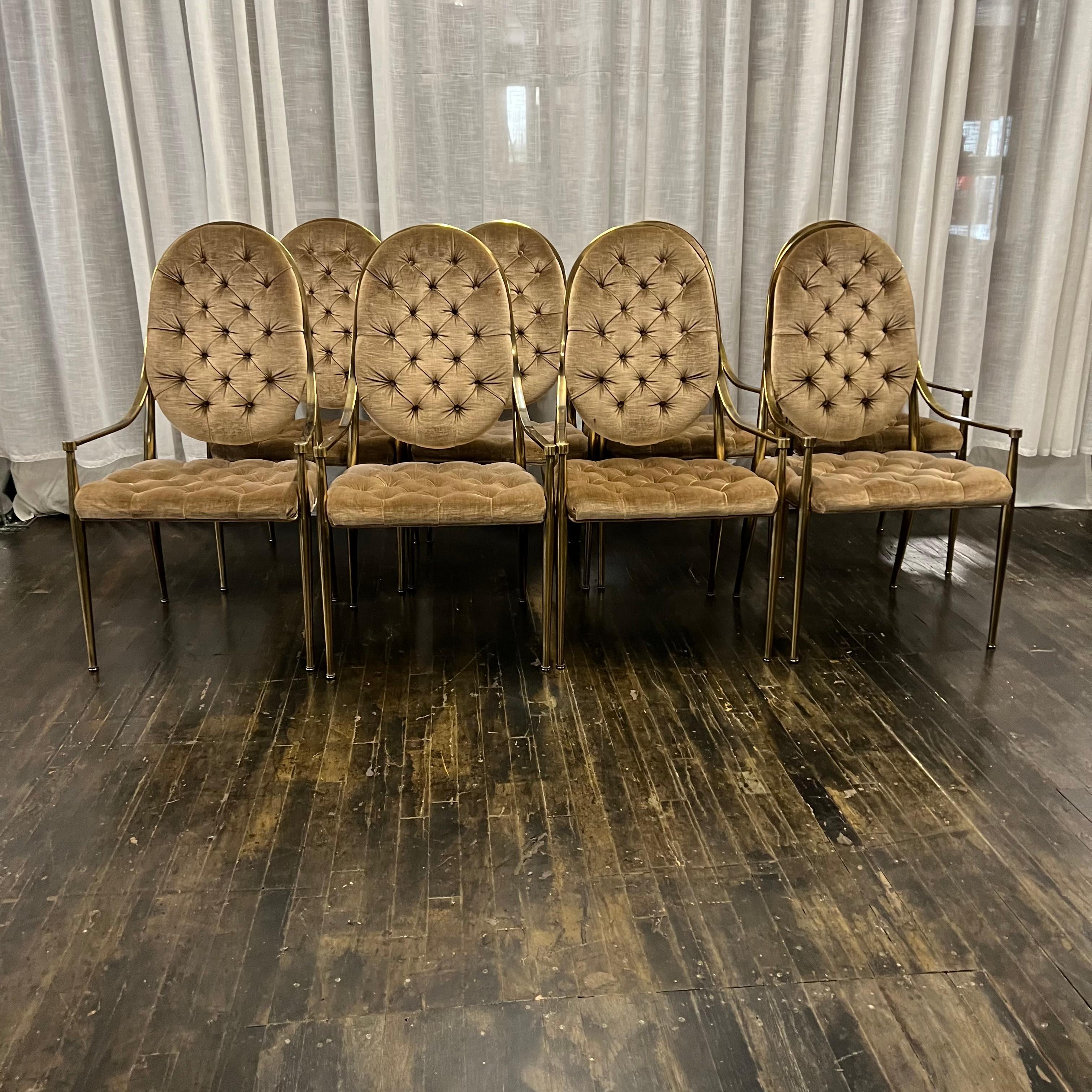 Set of Eight Mid-Century Mastercraft Brass Dining Chairs with Tufted Upholstery For Sale 1