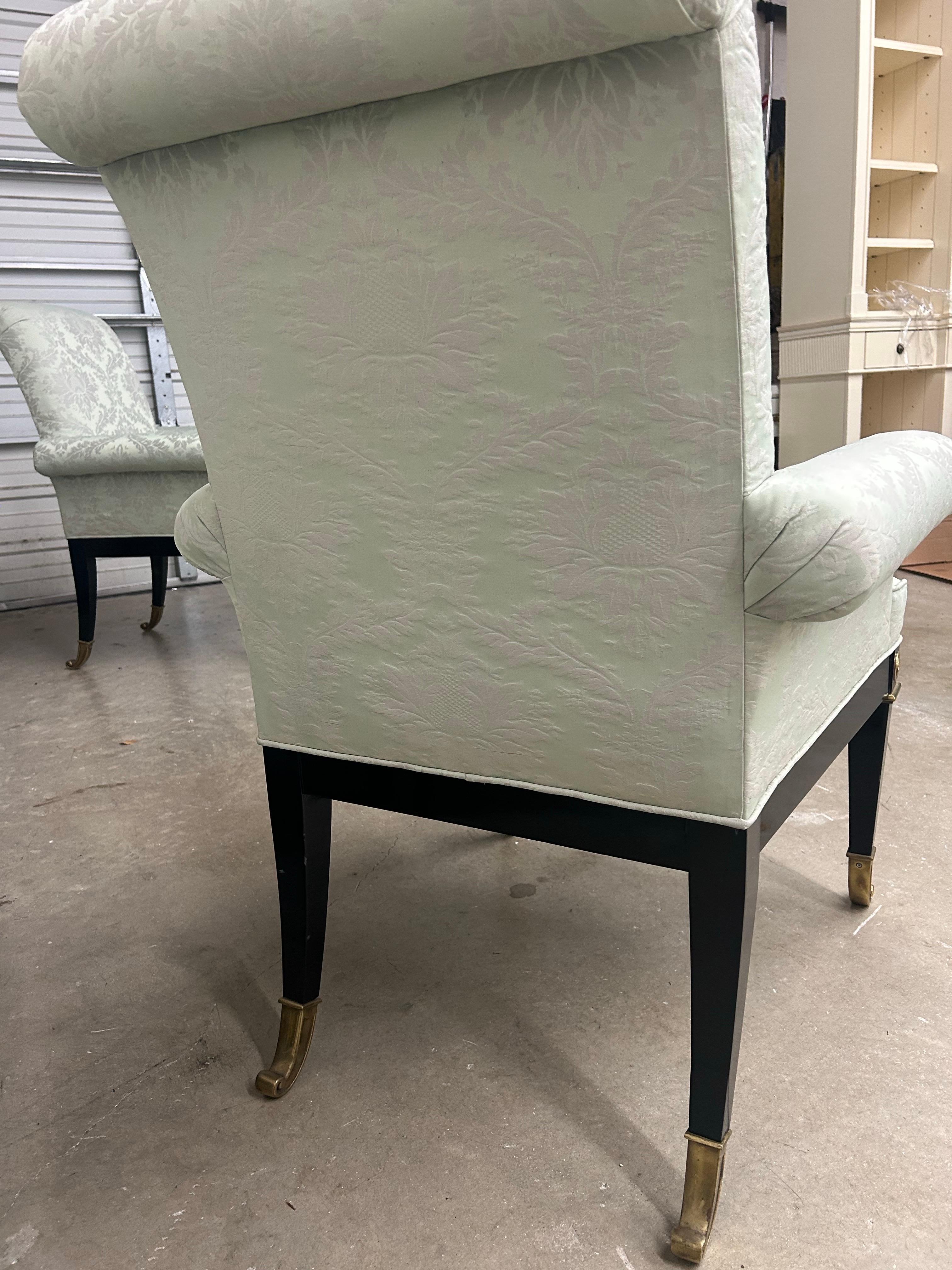 Set of eight neoclassical style Mastercraft dining chairs. In ready to use condition… priced extremely well .From Palm Beach Home… Looks like these chairs have never been sat in. Upholstery is an almost unused condition as well as the frames and