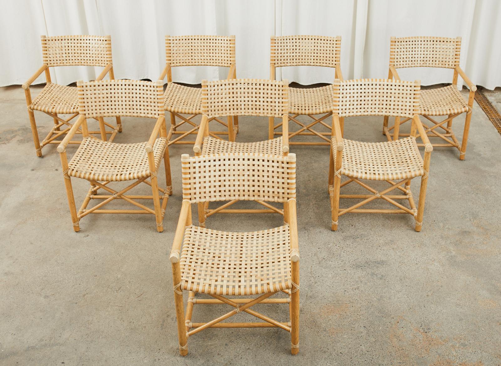 Organic Modern Set of Eight McGuire Laced Rawhide Rattan Dining Armchairs 