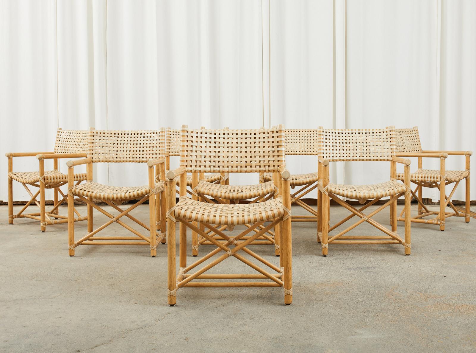 American Set of Eight McGuire Laced Rawhide Rattan Dining Armchairs 