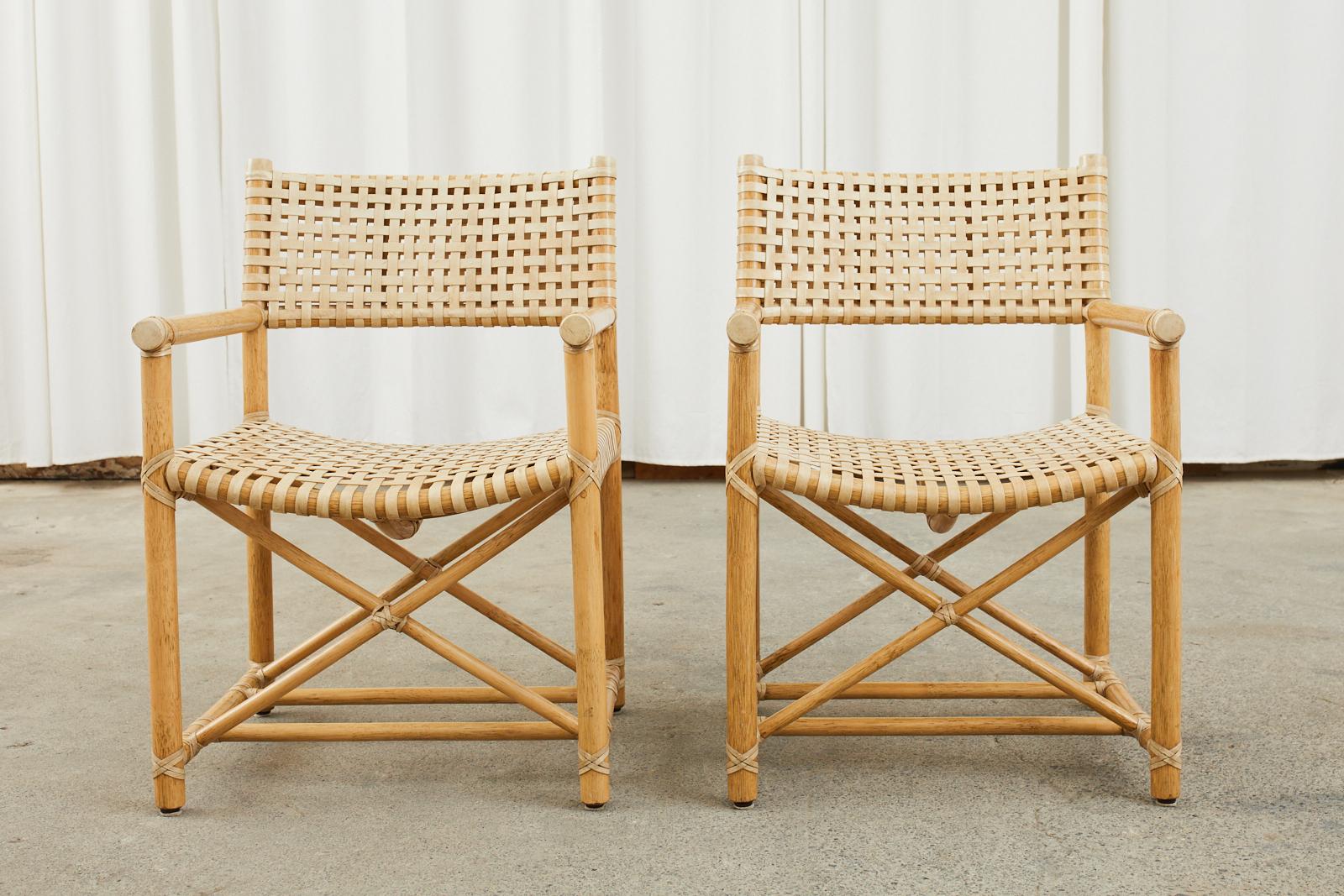 Hand-Crafted Set of Eight McGuire Laced Rawhide Rattan Dining Armchairs 
