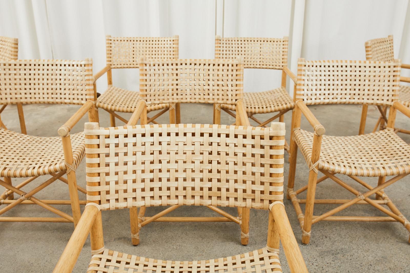 Set of Eight McGuire Laced Rawhide Rattan Dining Armchairs  In Good Condition In Rio Vista, CA