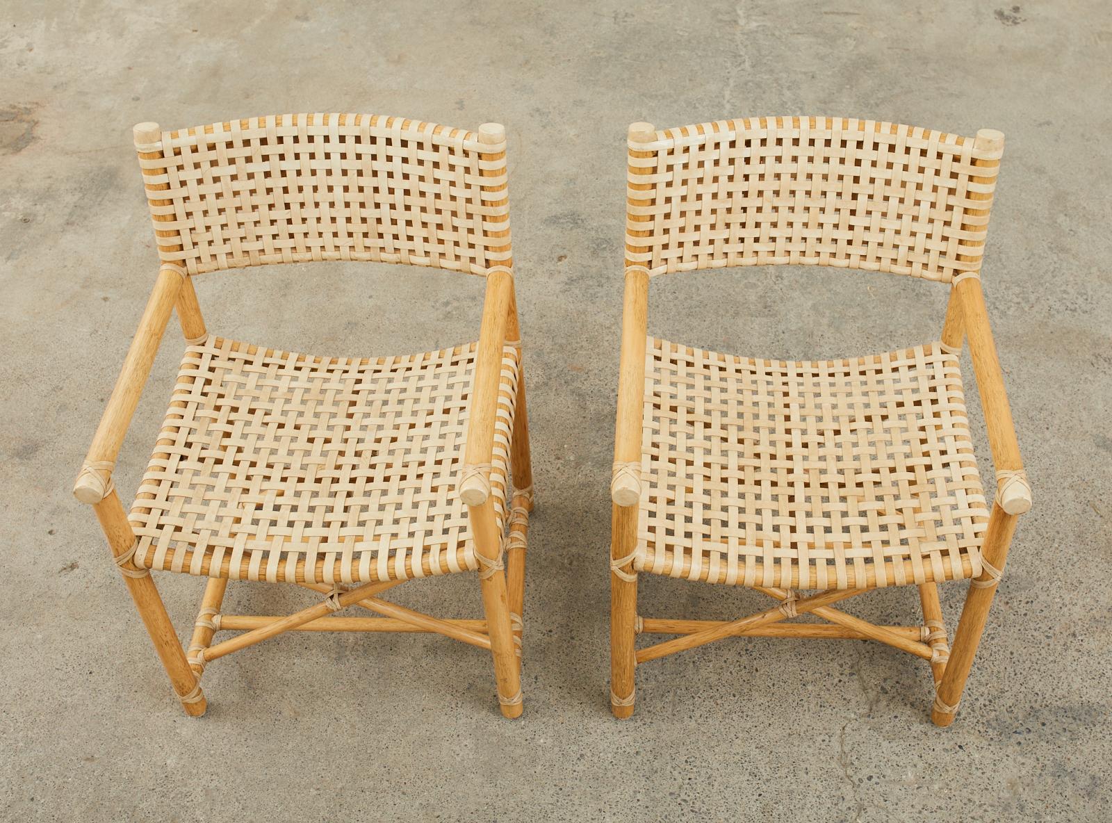 Contemporary Set of Eight McGuire Laced Rawhide Rattan Dining Armchairs 