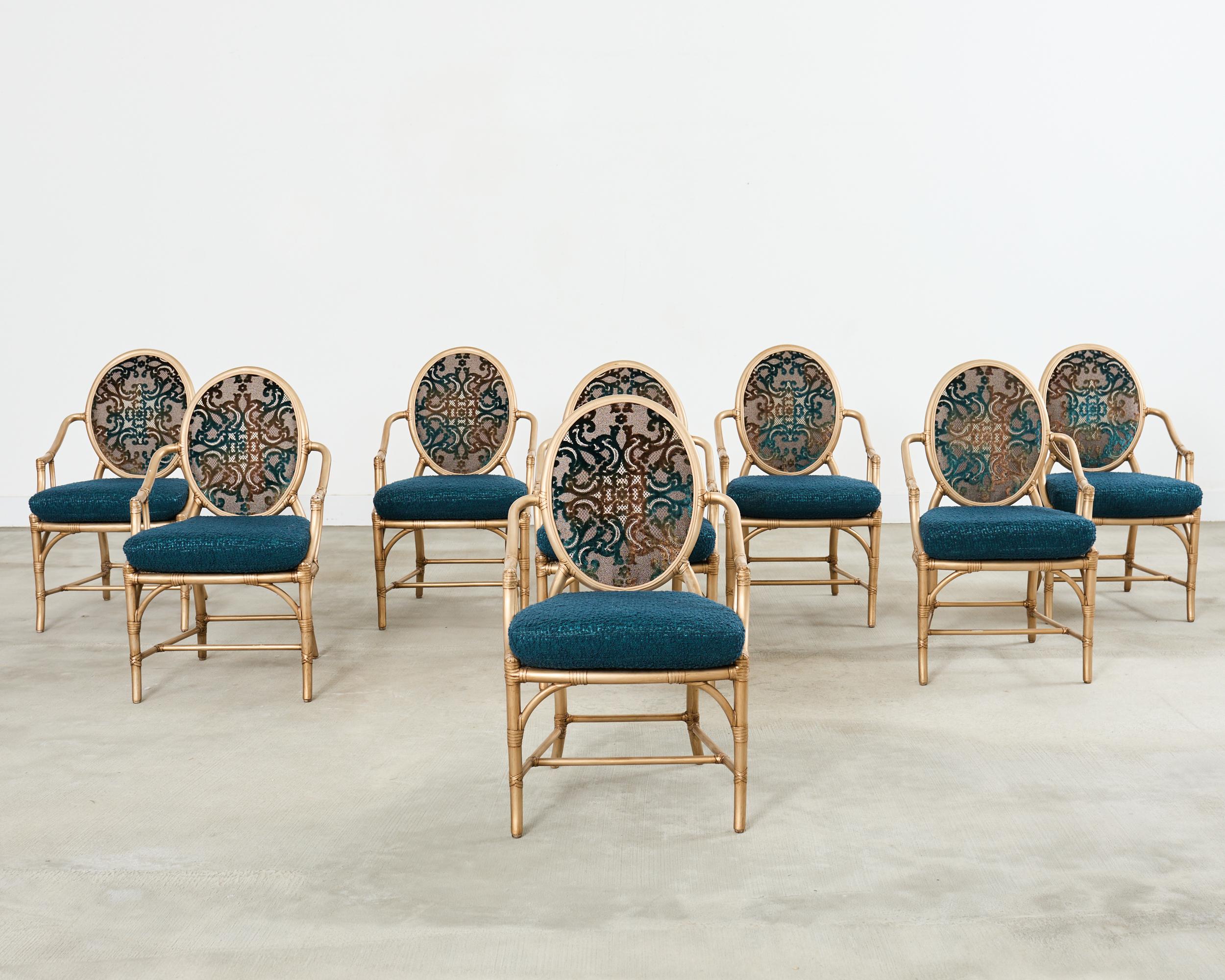 Organic Modern Set of Eight McGuire Gilt Rattan Caned Dining Chairs For Sale