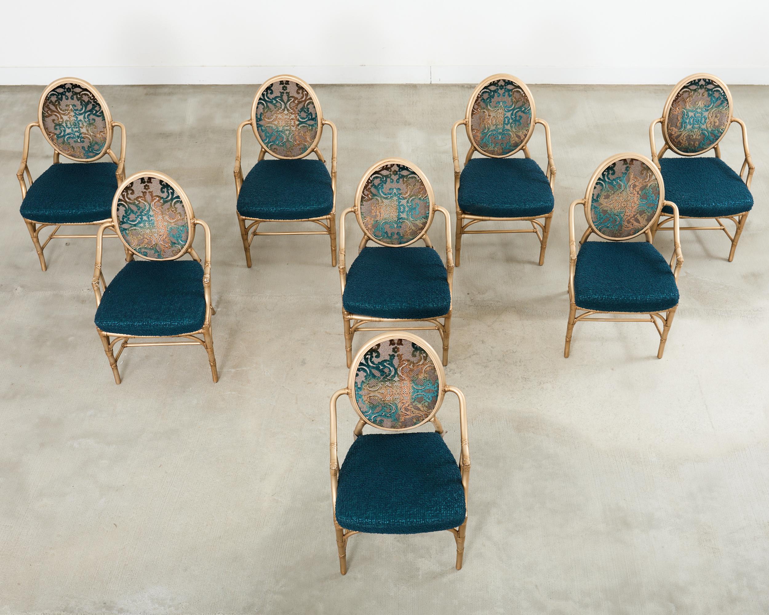 American Set of Eight McGuire Gilt Rattan Caned Dining Chairs For Sale