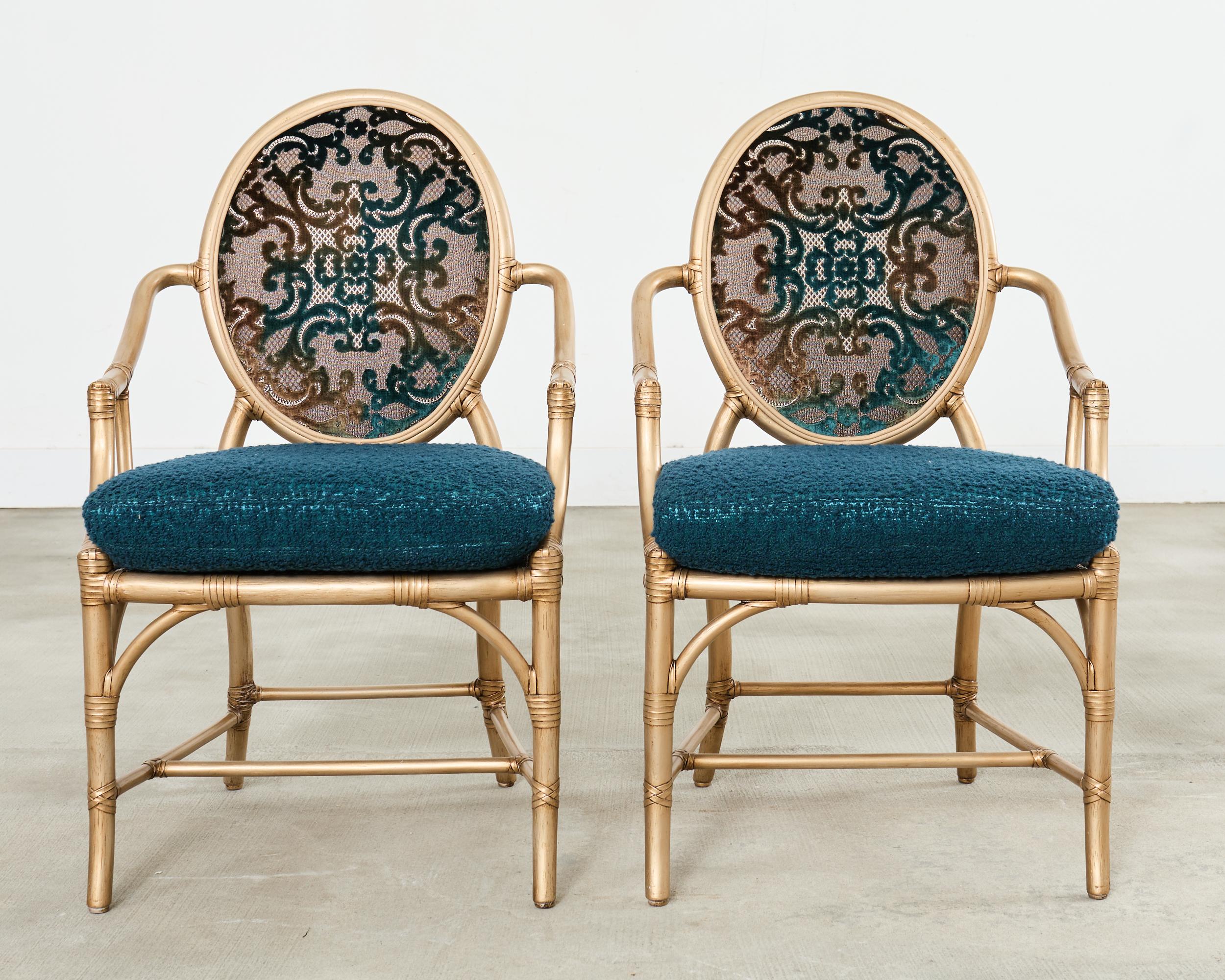 Hand-Crafted Set of Eight McGuire Gilt Rattan Caned Dining Chairs For Sale
