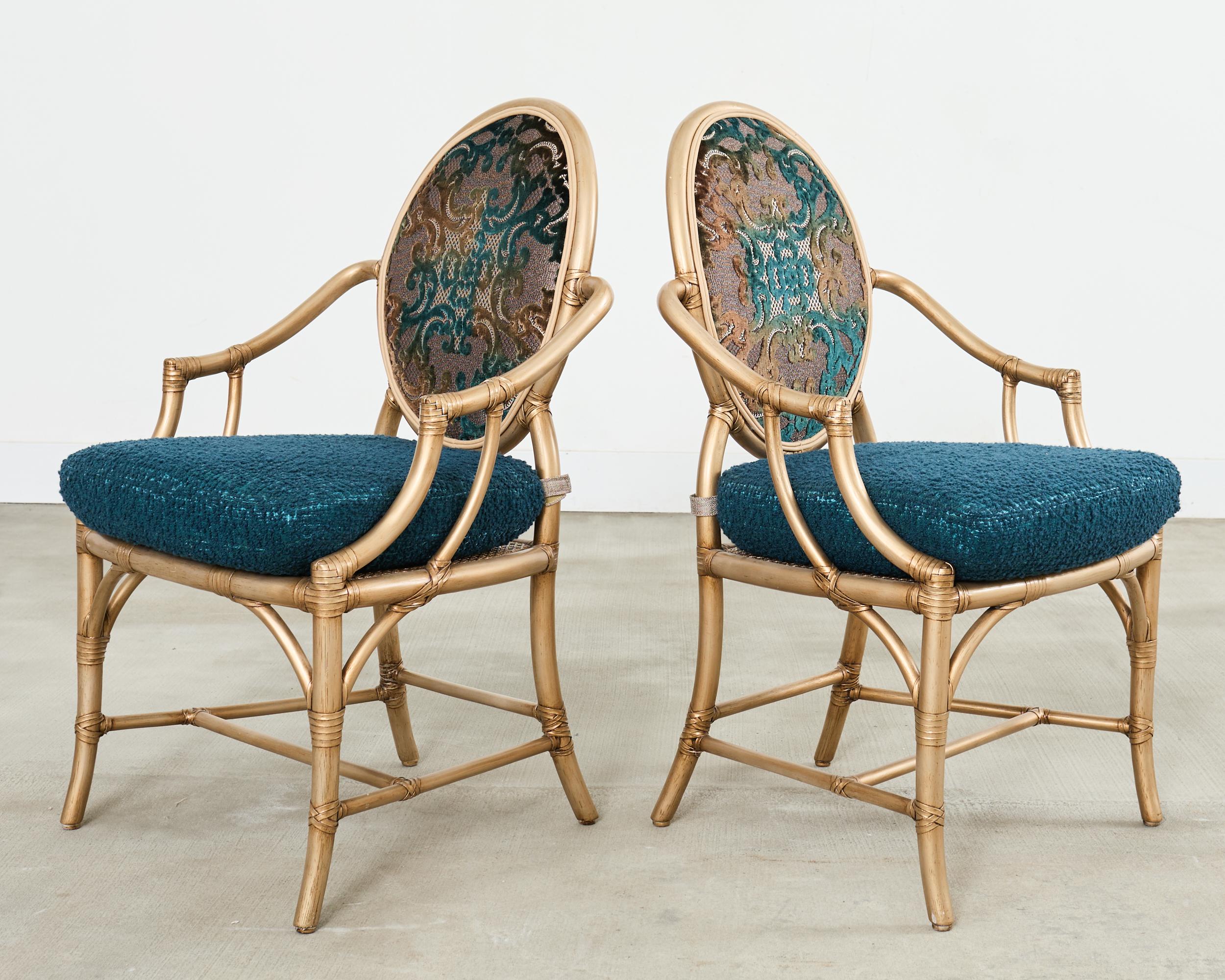 Leather Set of Eight McGuire Gilt Rattan Caned Dining Chairs For Sale