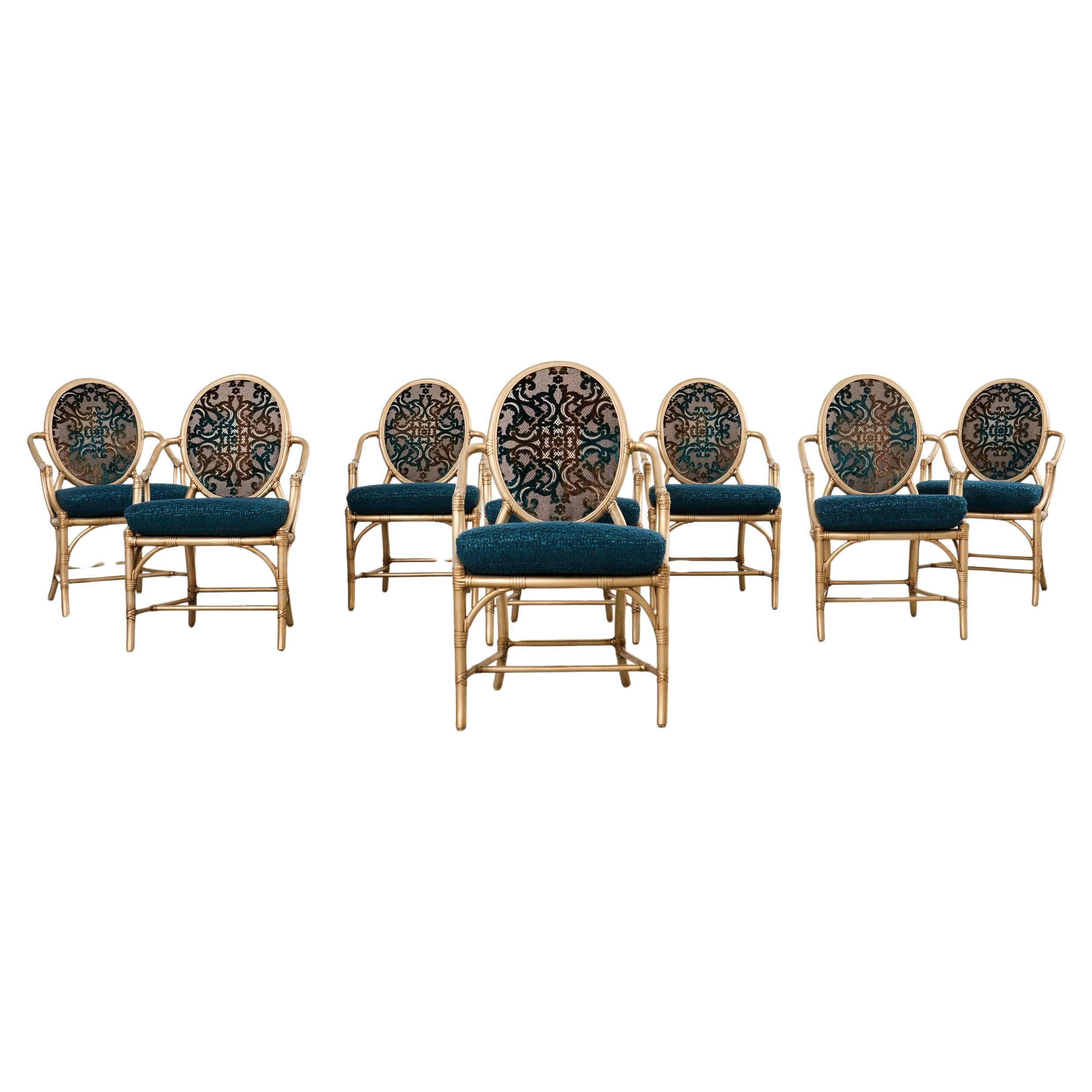 Set of Eight McGuire Gilt Rattan Caned Dining Chairs For Sale