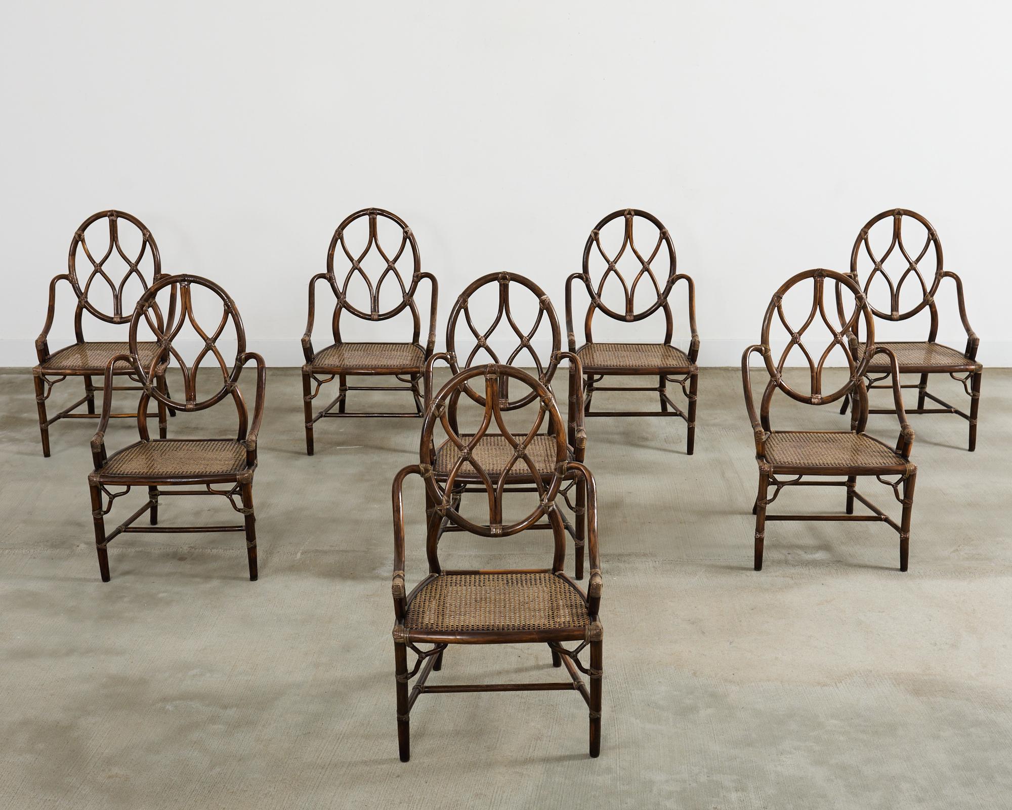 Hand-Crafted Set of Eight McGuire Organic Modern Rattan Cane Dining Armchairs