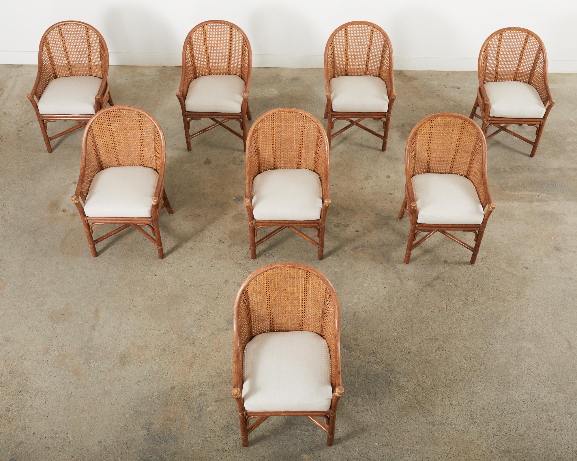 Organic Modern Set of Eight McGuire Rattan Cane Barrel Dining Chairs 