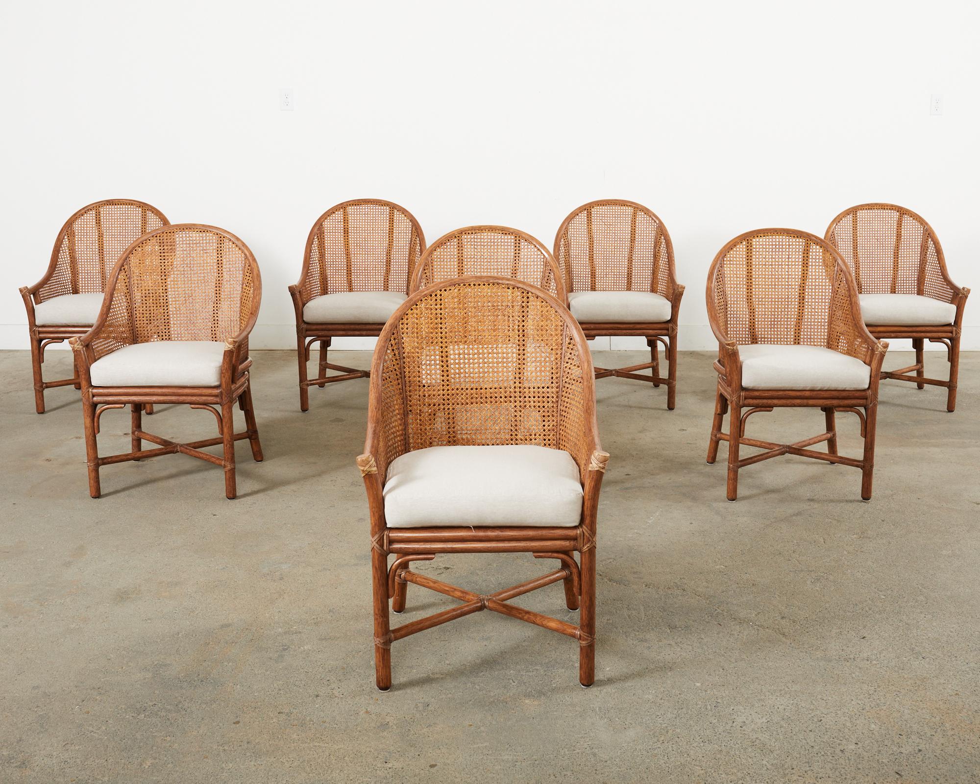 American Set of Eight McGuire Rattan Cane Barrel Dining Chairs 