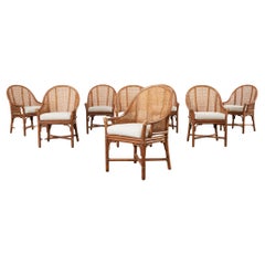 Set of Eight McGuire Rattan Cane Barrel Dining Chairs 