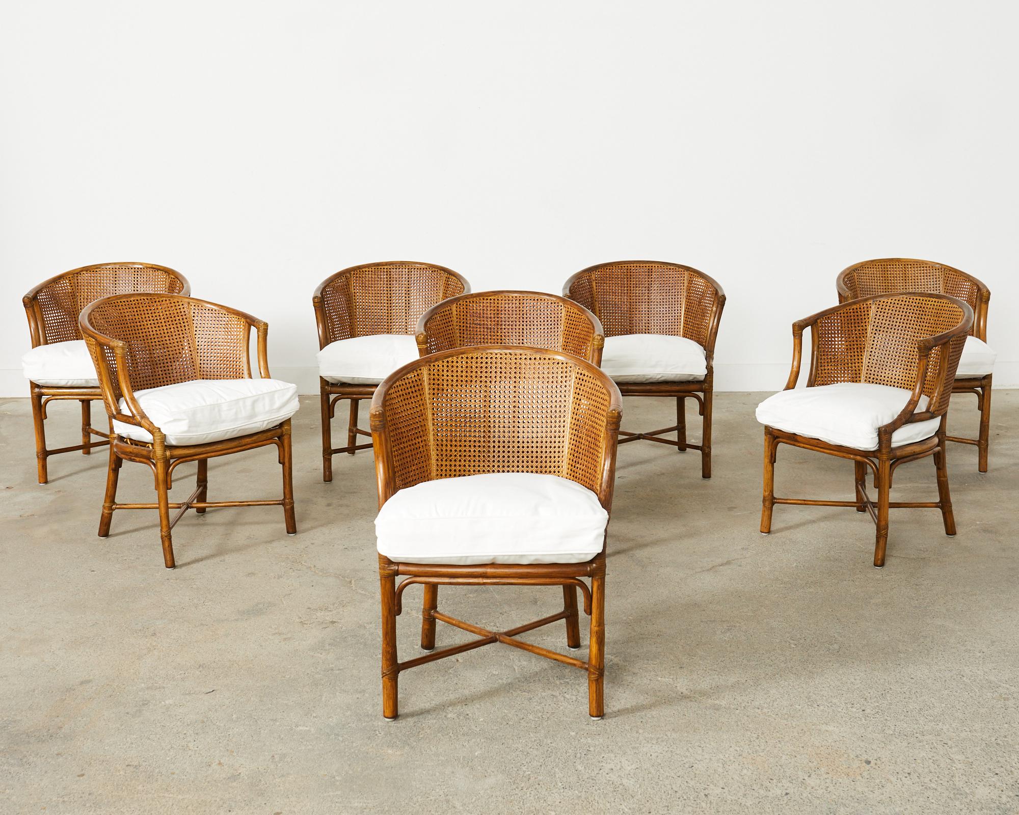 Organic Modern Set of Eight McGuire Rattan Caned Barrel Dining Chairs 