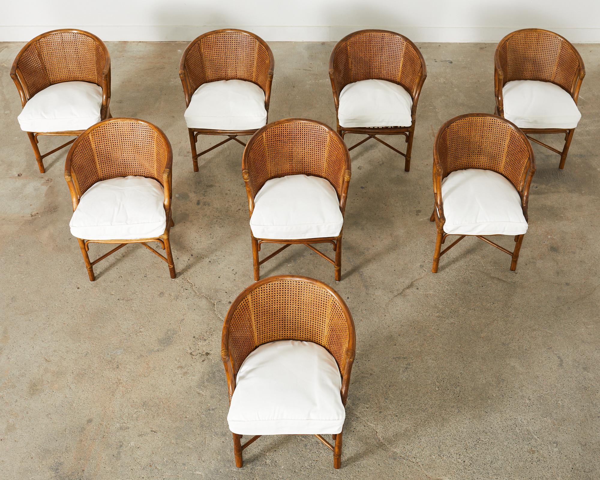 American Set of Eight McGuire Rattan Caned Barrel Dining Chairs 